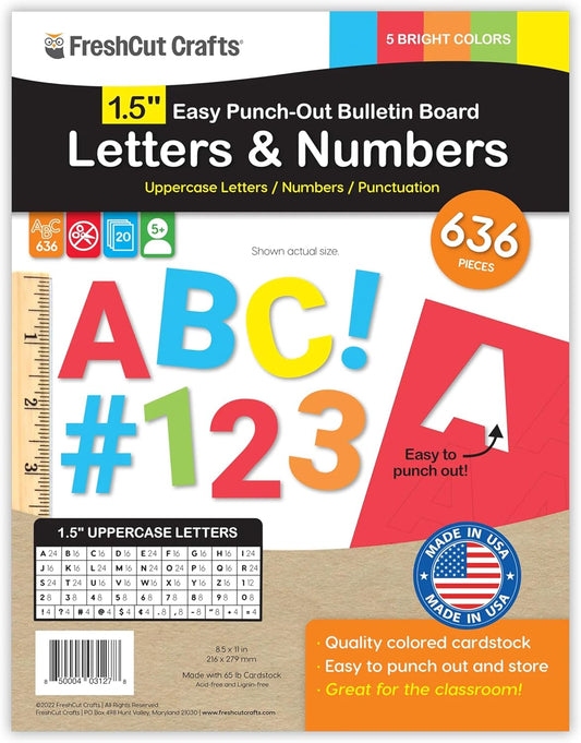 FreshCut Crafts 636 Pcs 1.5 in. Bright Bulletin Board Letters & Numbers, Capital Alphabet Letters, Numbers, Punctuation, US Made Card Stock Punch Outs for Posters, Bulletin Boards, Classroom