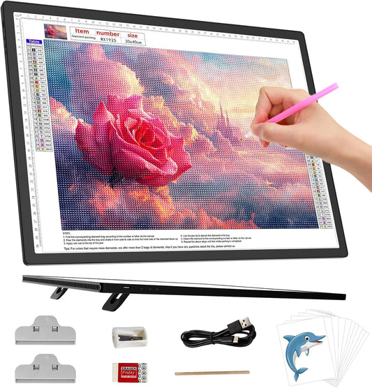 HIUKCOLED A3 Built-in Tilt Stand Light Tracing Box, 6-level＆Stepless Dimmable Adjustable Brightness Light Pad with 3 Colors,Battery Powered LED Light Board for Drawing,Diamond Painting,Sketching,X-Ray