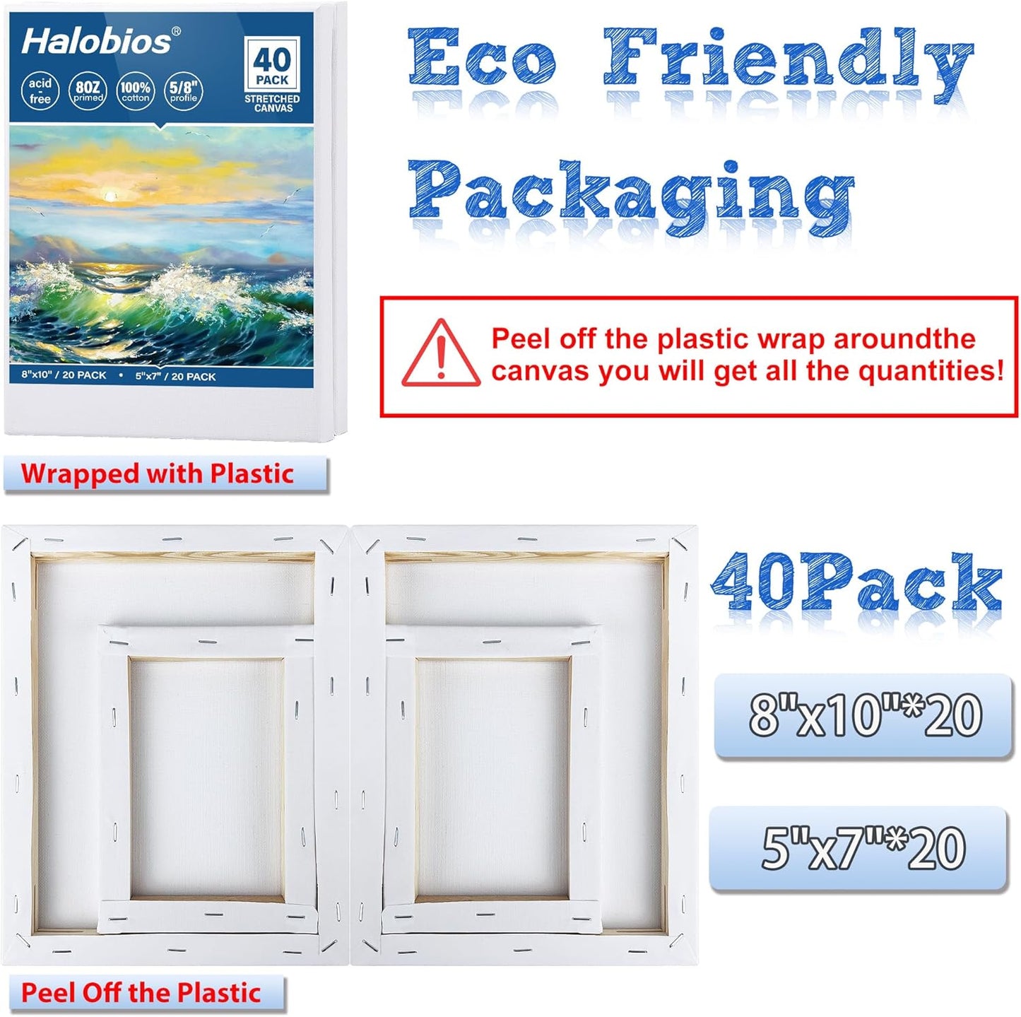 Blank Canvas for Painting, Bulk Pack of 40-8x10 inches, 5x7inch(20 of Each), 100% Cotton, Primed, 5/8 Inch Profile of Super Value Canvas Pack for Acrylics, Oils & Other Painting Media