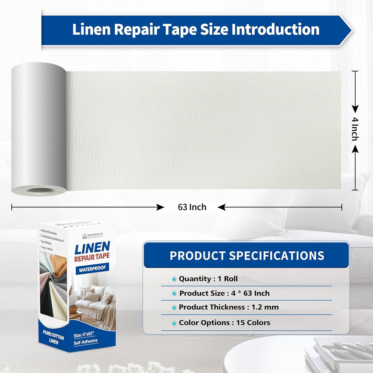 KING MOUNTAIN Linen Repair Patches, Self-Adhesive Linen Fabric Patches, 4 X 63 inch Extra Size, Multi Color, Can be Used for Linen Sofa Repair and Linen Clothes Repair (White)