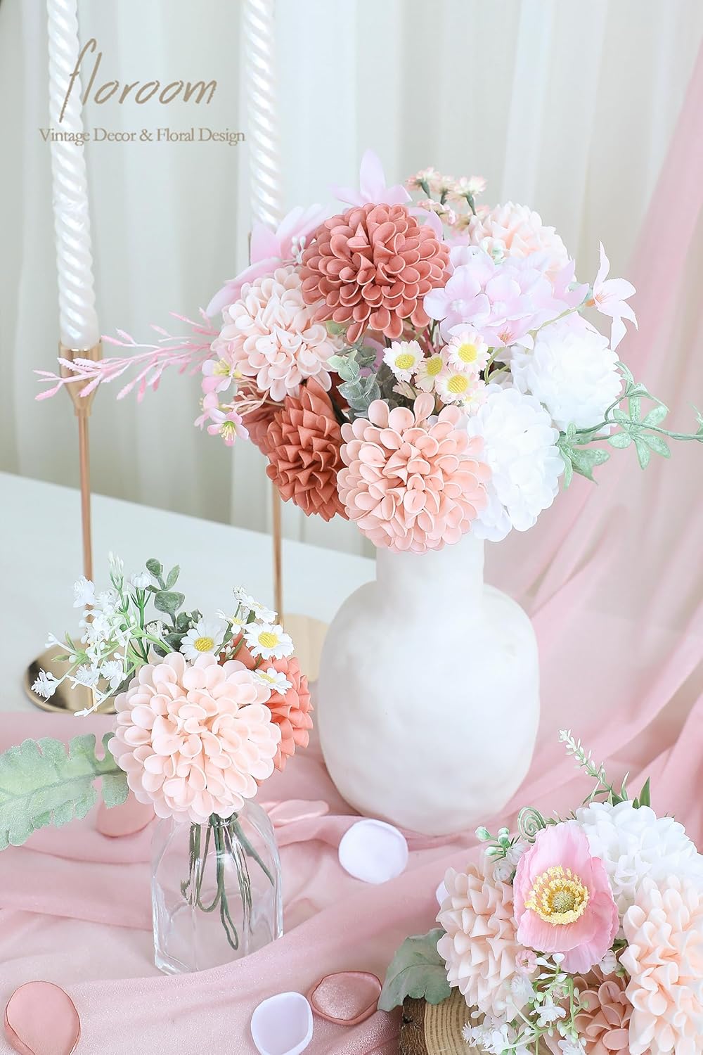 Floroom Artificial Dahlia Flowers 25pcs Real Looking Dusty Rose Shades Foam Fake Roses with Stems for DIY Wedding Bouquets Bridal Shower Centerpieces Floral Arrangements Party Tables Home Decoration