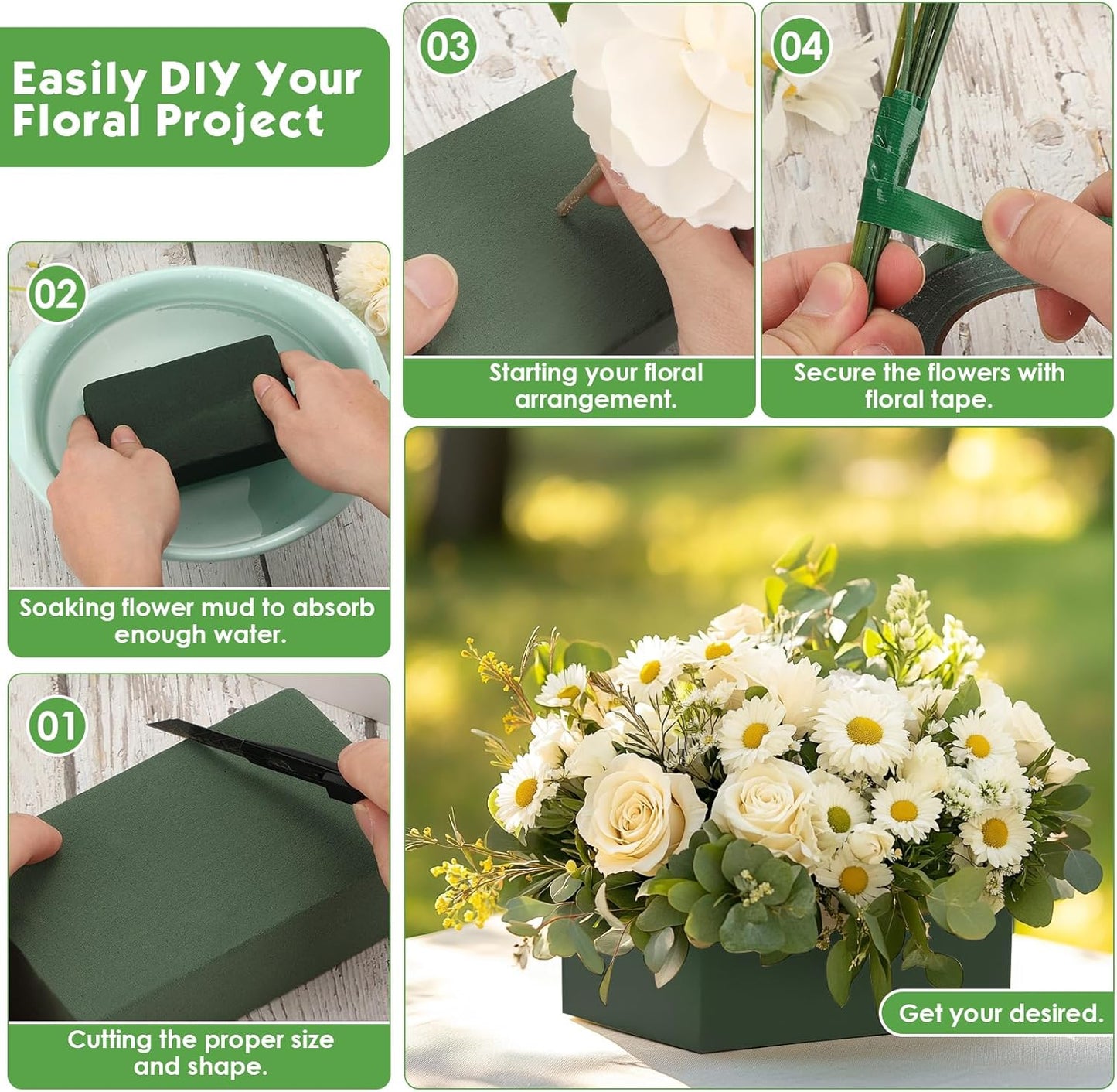 MAPVOLUT 10 Pcs Green Floral Foam Blocks (5.5” x 3.1” x 1.7”) with 2 Rolls Waterproof Floral Tape - 12mm x 65.62ft, for Fresh or Artificial Flower Arrangements, DIY Wedding, Home Decor, and Crafts