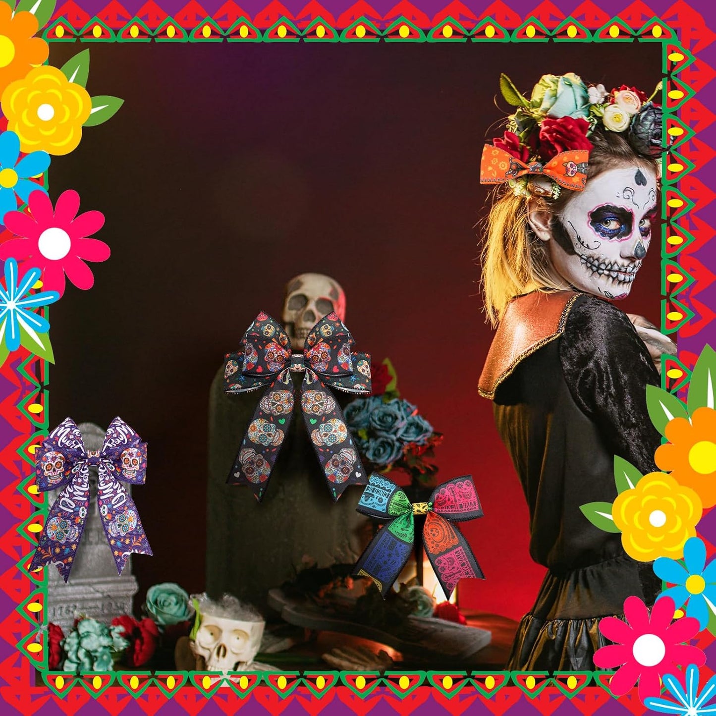 12 Rolls 60 Yards Day of The Dead Wired Edge Ribbons Black Purple Sugar Skull Flower Burlap Ribbon Dia De Los Meurtos Ribbon for Halloween Party DIY Craft Wreath Decor