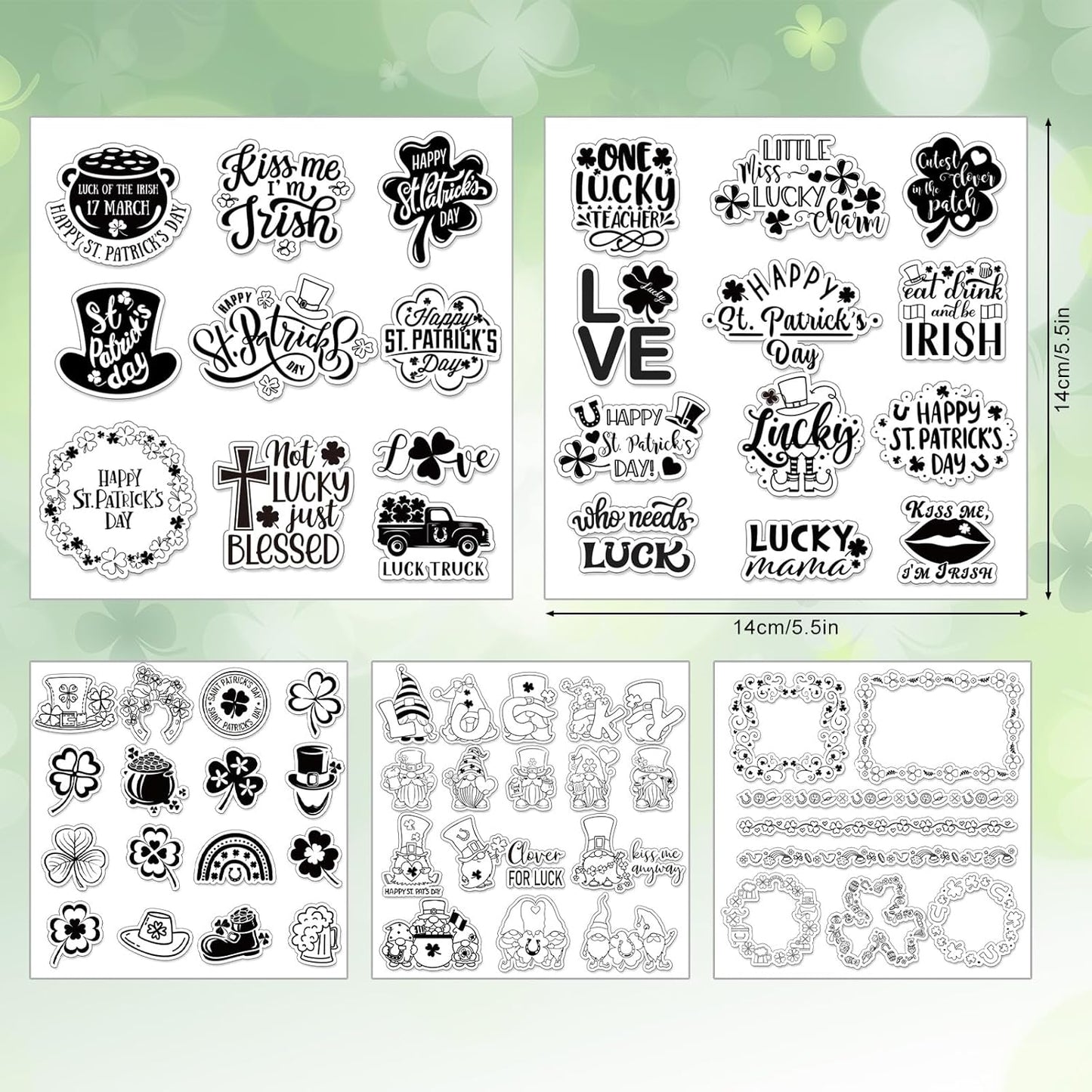 Whaline 5 Sheet St. Patrick's Day Clear Stamps Wreath Shamrock Lucky Words Silicone Transparent Stamps Border Stamp Cards for Irish DIY Crafts Card Making Scrapbooking Embossing Album Decor