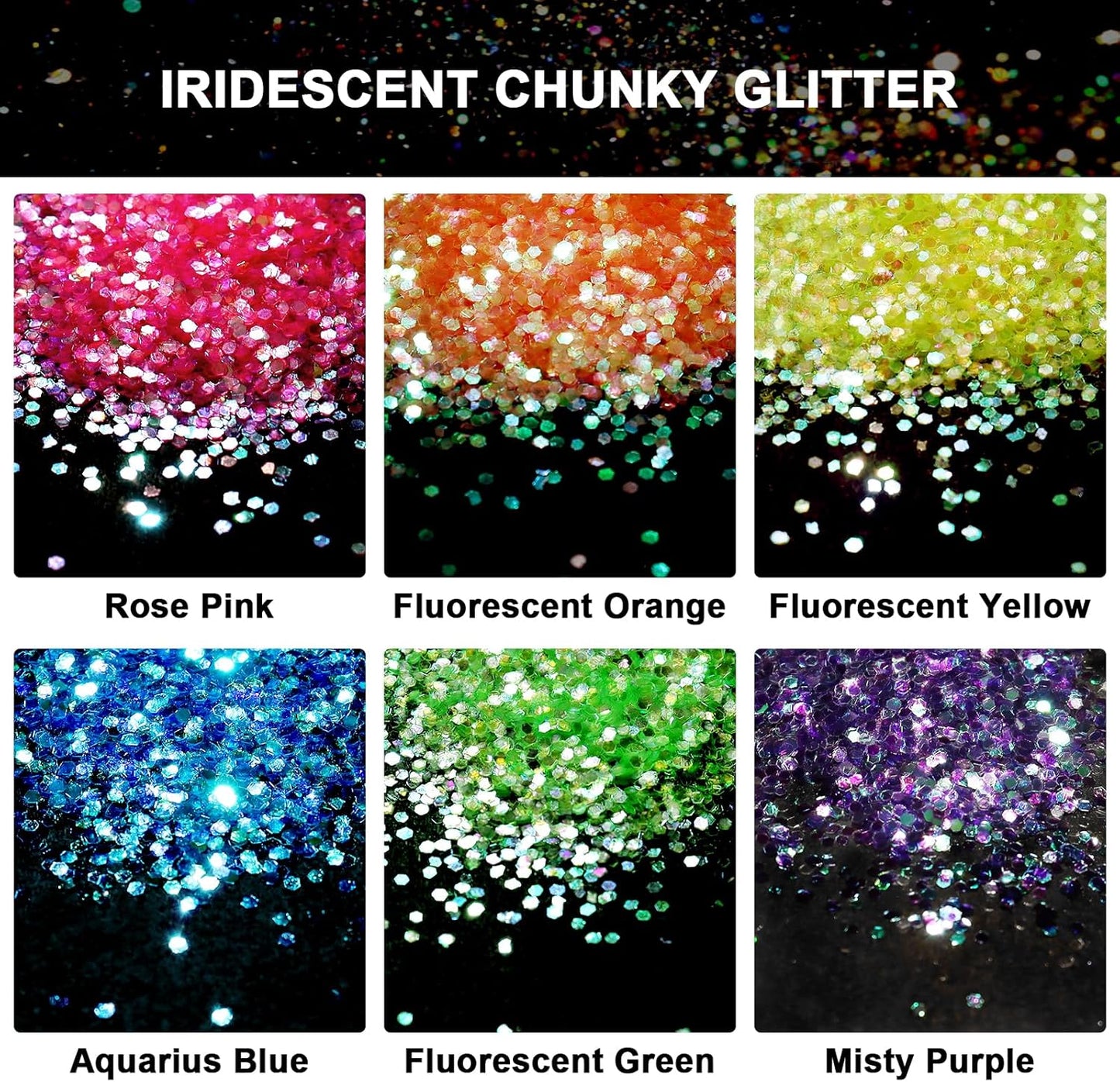 Ceya Bulk Chunky Glitter 6 Assorted Colors, 4.23OZ Each Jar Iridescent Crafts Glitter Set, 1/24” Medium Size Nail Sequins for School Classroom Art,DIY Craft Slime,Blue,Pink,Orange, Green,Yellow,Purple