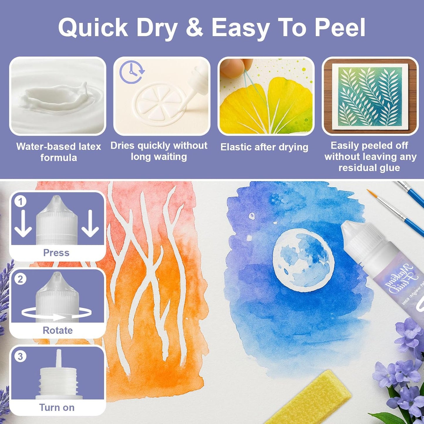 120ml Masking Fluid for Watercolor Painting, Art Watercolor Masking Fluid Precise White Space, Easy Peel-Off, Water Based Latex, for Artists, Beginners, DIY Canvas Protection (Blue)