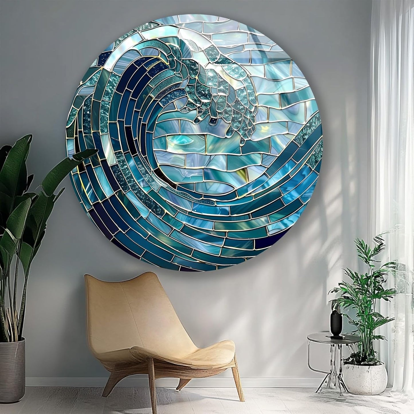 My Photostation.com 39,4''(100cm) Diameter Ocean Wave in Blue Mosaic Round Glass Wall Art Tempered Glass Printing Wall Decor Large Wall Art Wall Hangings