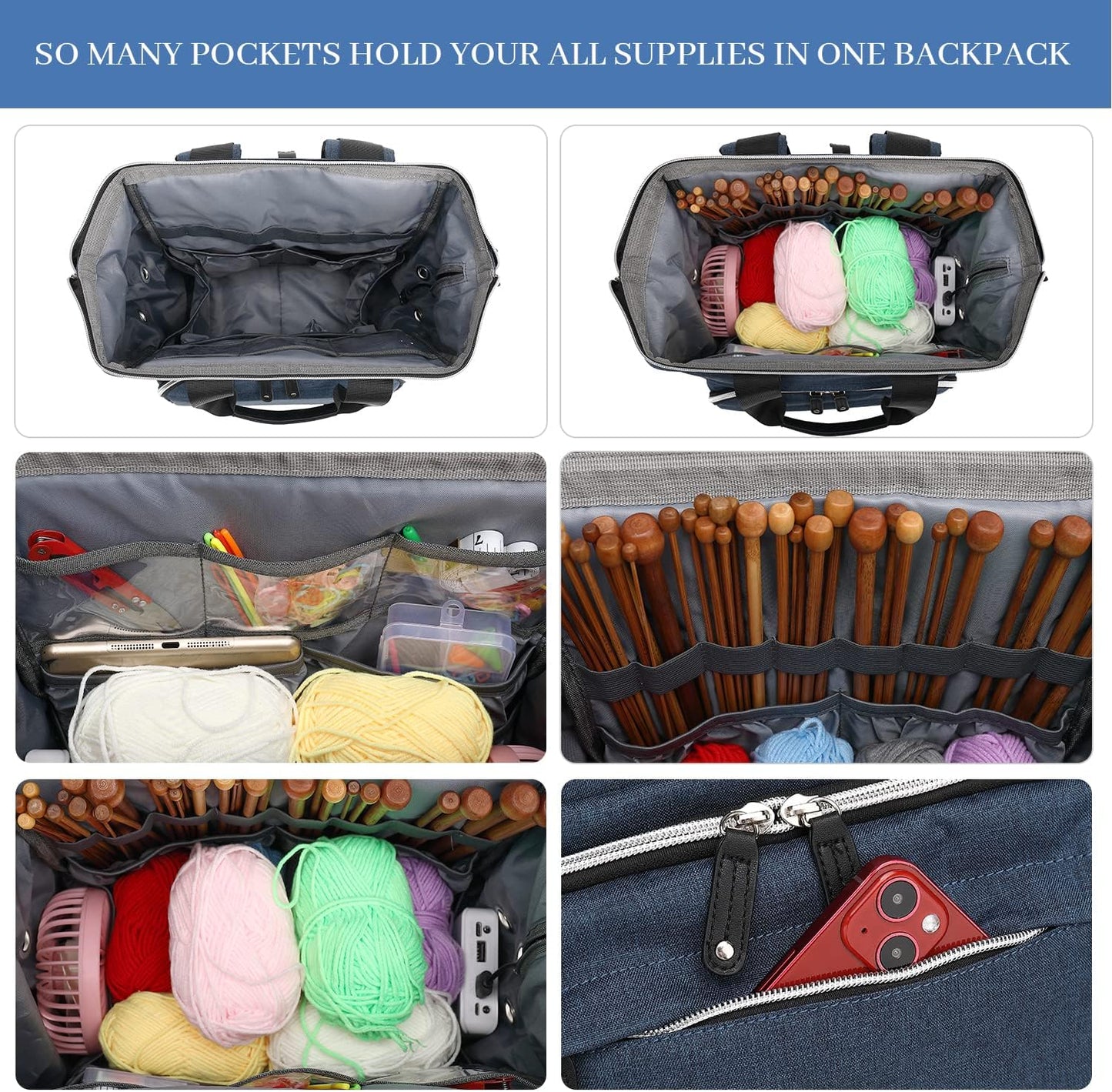 Crochet Backpack,Knitting Bag Backpack Yarn Storage Organizer Travel Crochet Bag with USB Charging Port,Large Yarn Tote Bag Yarn Holder Case for Knitting Needles,Crochet Hooks,Crochet Accessories,Blue