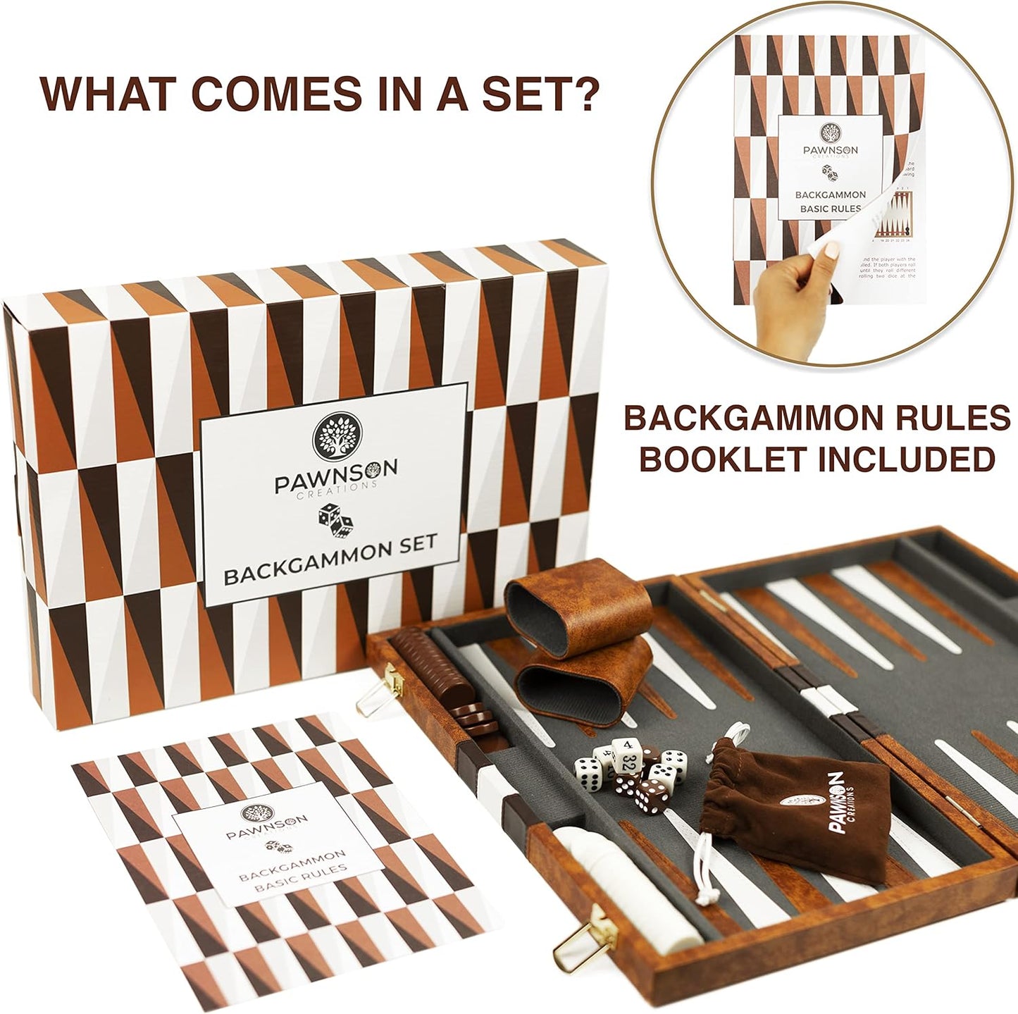 Backgammon Set - 15 Inch Classic Backgammon Board Game Sets Handheld - Backgammon Sets for Adults and Kids - Brown Faux Leather Case - Instruction