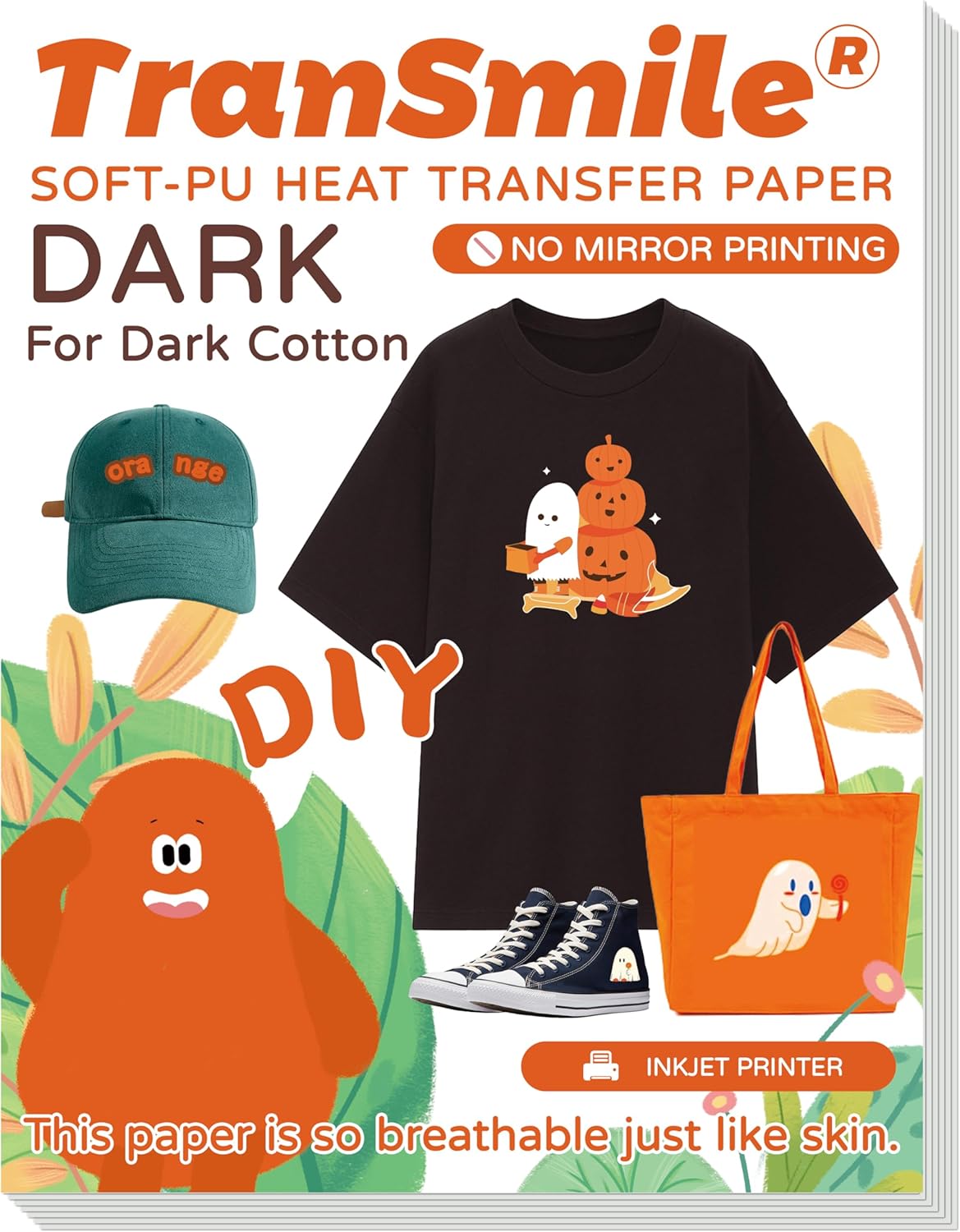 TranSmile PU-Heat Transfer Paper for T Shirts (50 Sheets, 8.5 x 11'') Printable Heat Transfer Vinyl for Dark Fabrics Iron on Transfers for Inkjet Printer (D-50)