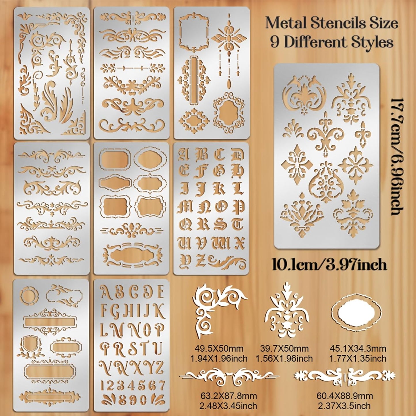 9PCS Metal Stencils Wood Burning Stencil Journal Border Stencils Letter Stencil Engraving Templates for Painting Scrapbooking Bookmark Flower Vines DIY(4 x 7 Inch)