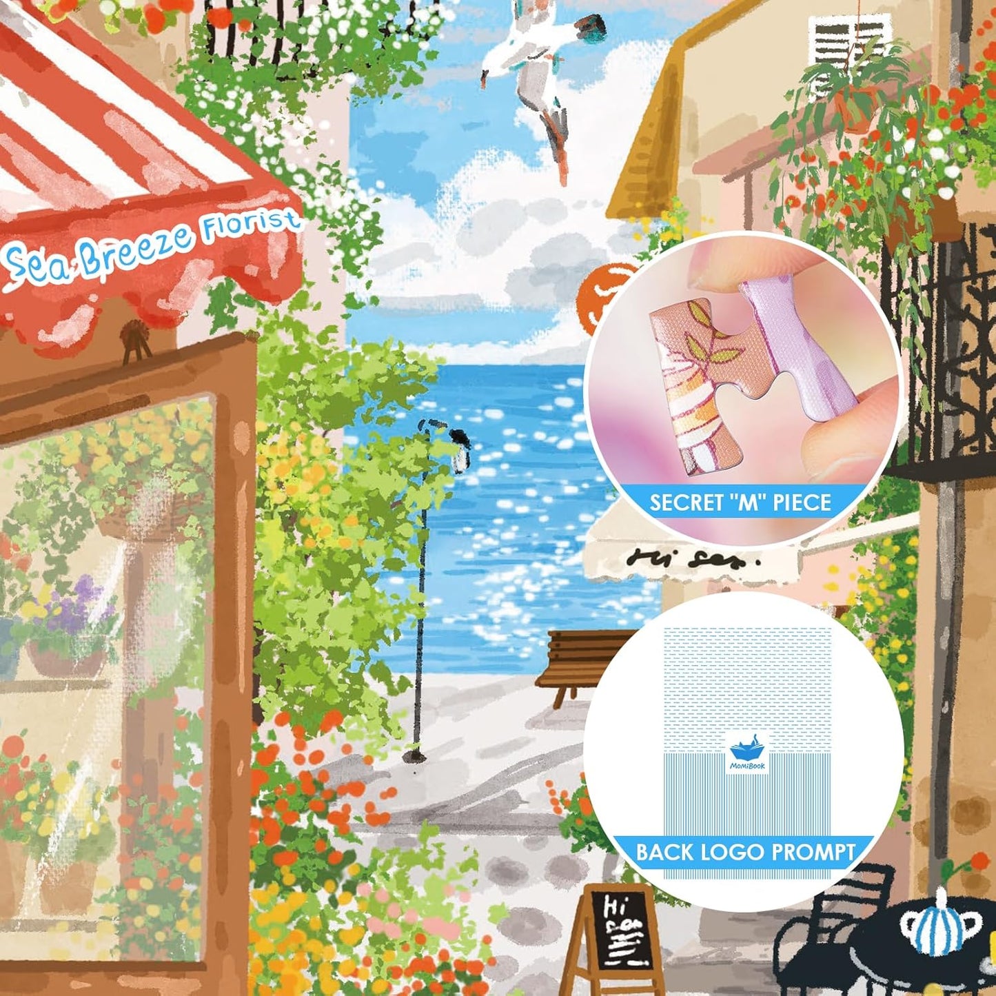 MOMIBOOK Jigsaw Puzzles 1000 Pieces Puzzle for Adults of Sea Breeze Florist, Painting Image Seaside Flower Shop Difficult Challenging Hard Impossible Puzzle Unique Christmas Birthday Gifts