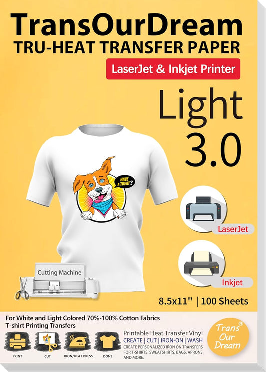 TransOurDream Tru-Heat Transfer Paper for Inkjet & Laserjet Printer (100 Sheets 8.5x11", 3.0) Printable HTV Heat Transfer Vinyl for T Shirts Iron On transfers for Light Fabrics (TRANS-L3-1-100)