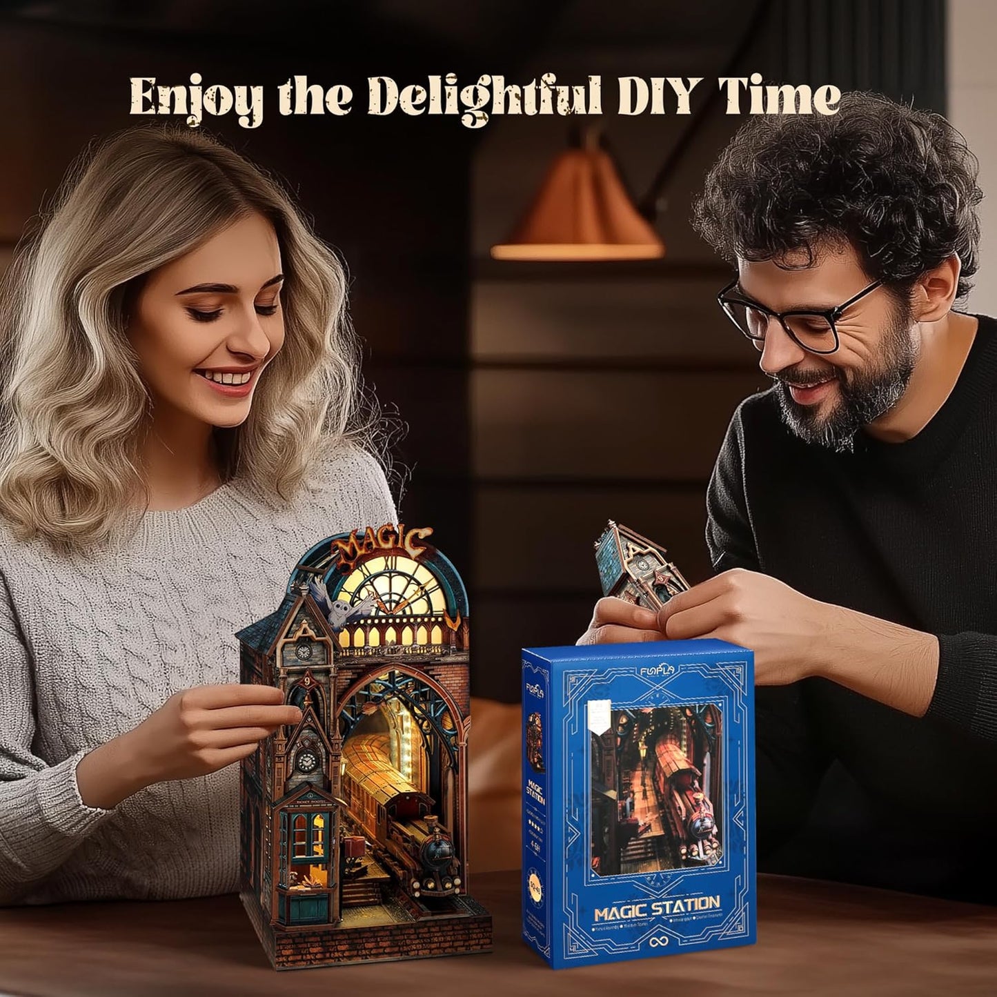 LED 3D Puzzle Magic Station Book Nook Kit - Interactive 3D Wood Puzzle LED Magical Miniature with Infinite Extension Space - DIY Bookshelf Insert Decor Gifts