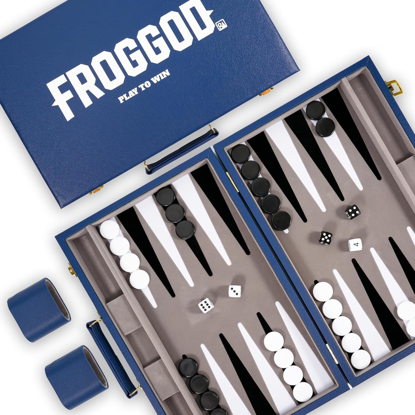 Froggod Travel Backgammon Sets for Adults – 15 Inch Premium Backgammon Set – PU Leather Case with Seamless Flocked Game Surface – Classic Board Games for 2 Player and Gift for Men(Dark Blue)
