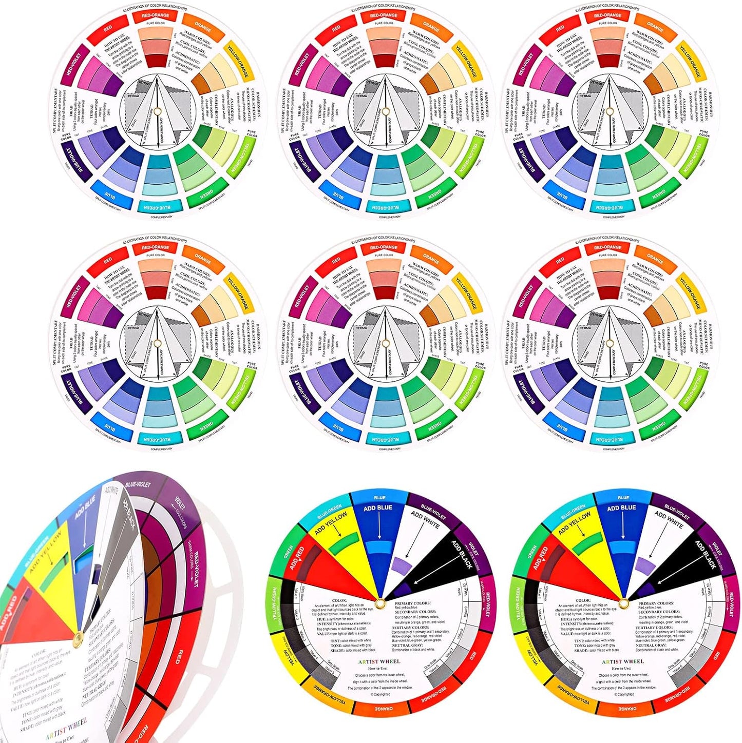 Nezyo 10 Pieces Color Paint Wheel Chart for Artist Kids Paint Mixing Learning Guide Art Class Teaching Tool Color Harmony Wheels for Makeup Blending Board Colorful Mixed Guide(5.5 Inch)