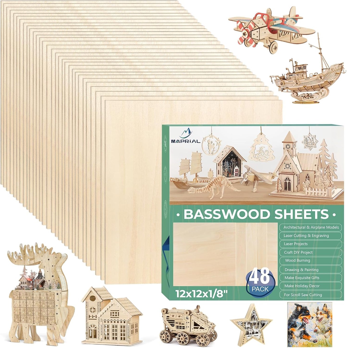 48 Pack 12x12x1/8 Inch Basswood Sheets, MAPRIAL Smooth 3mm Plywood for Laser Cutting, Unfinished Wood Board for Engraving, Wood Burning, Painting, Crafts, Ornaments, Models, Engraver, Halloween