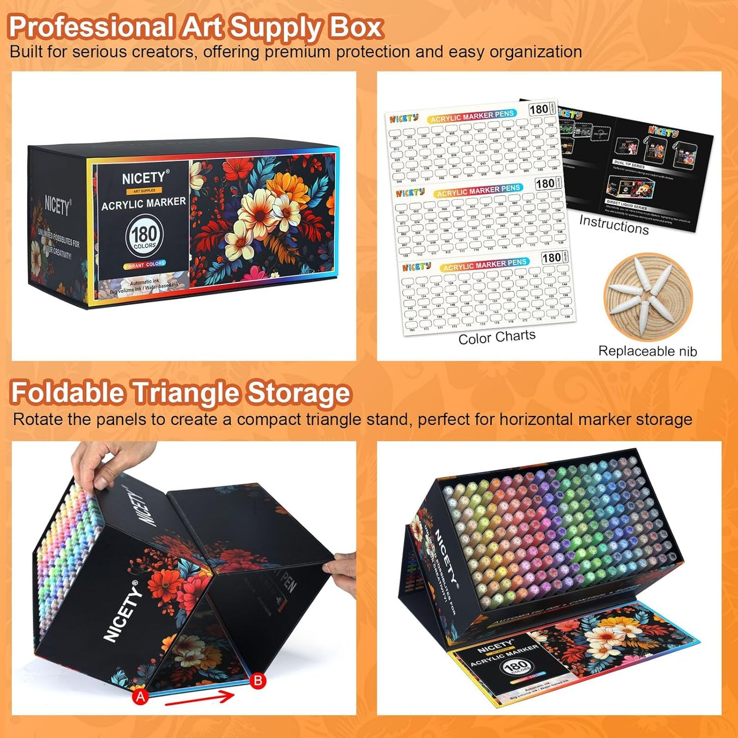 NICETY 180 Acrylic Paint Markers, Acrylic Paint Pens Brush Tip for Rock Painting, Wood, Glass, Stone, Canvas, Ceramic, Fabric - Acrylic Markers DIY Craft & Art Supplies for Adults, Artists