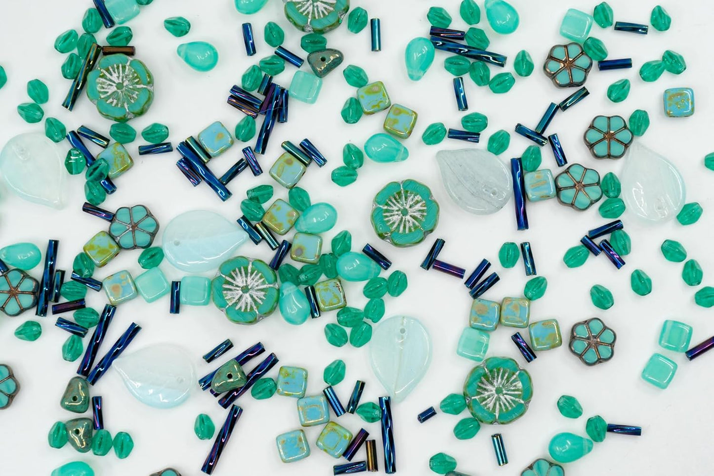 2.1oz (60 g) Mix of Unique Czech Bohemia Glass Pressed Beads, Rocailles, Opaque Turquoise Green Copper Crystal Silver, Matte and Glossy, Hand Made BCV