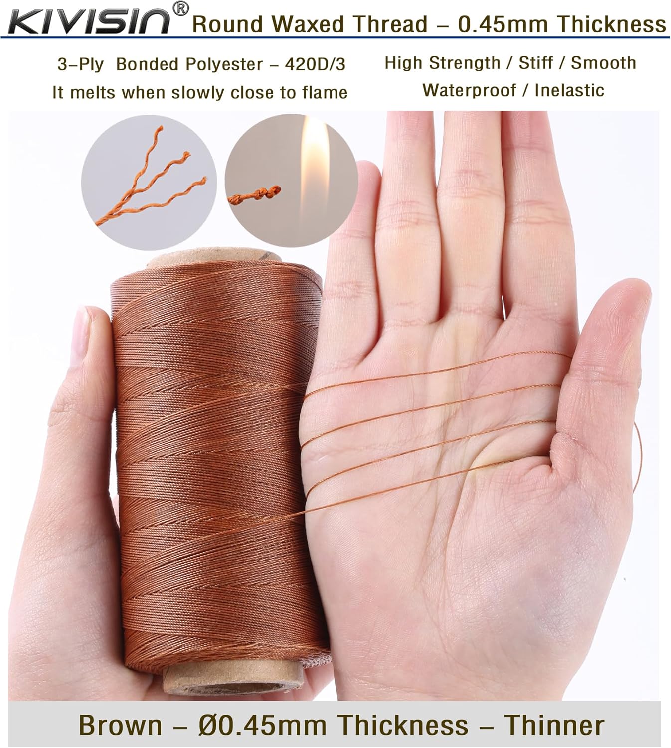 Thin Wax Polyester Thread, 0.45mm, 547 Yards, 3 Ply Round Waxed Cord Strings for Sewing, Beading, Binding, Micro Braiding, Fine Leather Craft and Micro Macrame Jewelry - Brown