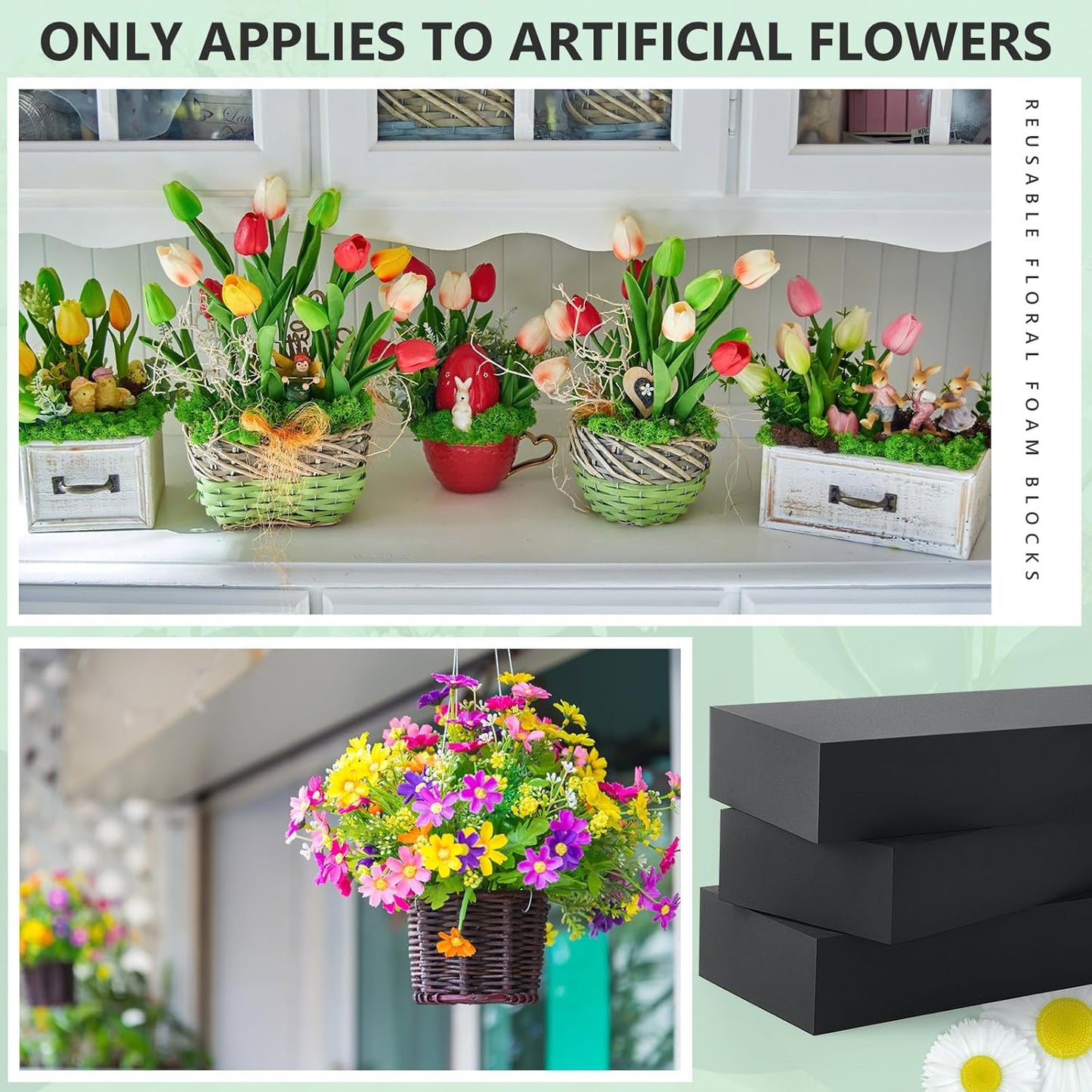 Lallisa 4 Pcs Reusable Floral Foam Blocks Water Weather Resistant Dry Floral Foam for Artificial Flower Arrangements Outdoor Flower Boxes Hanging Planters Wedding Home Decor (11.8 x 4.7 x 2'',Black)