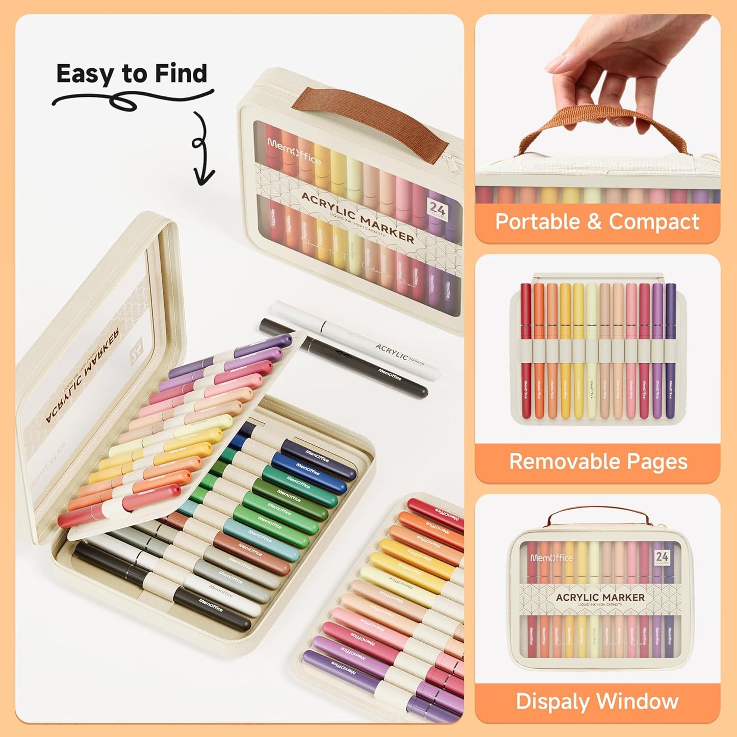 MemOffice Direct Liquid Acrylic Paint Markers, 24 Colors Brush Tip Pens with Carrying Case, No Bleed, Waterproof, for Rock, Wood, Canvas, Glass, Fabric, DIY Crafts for Adults & Kids