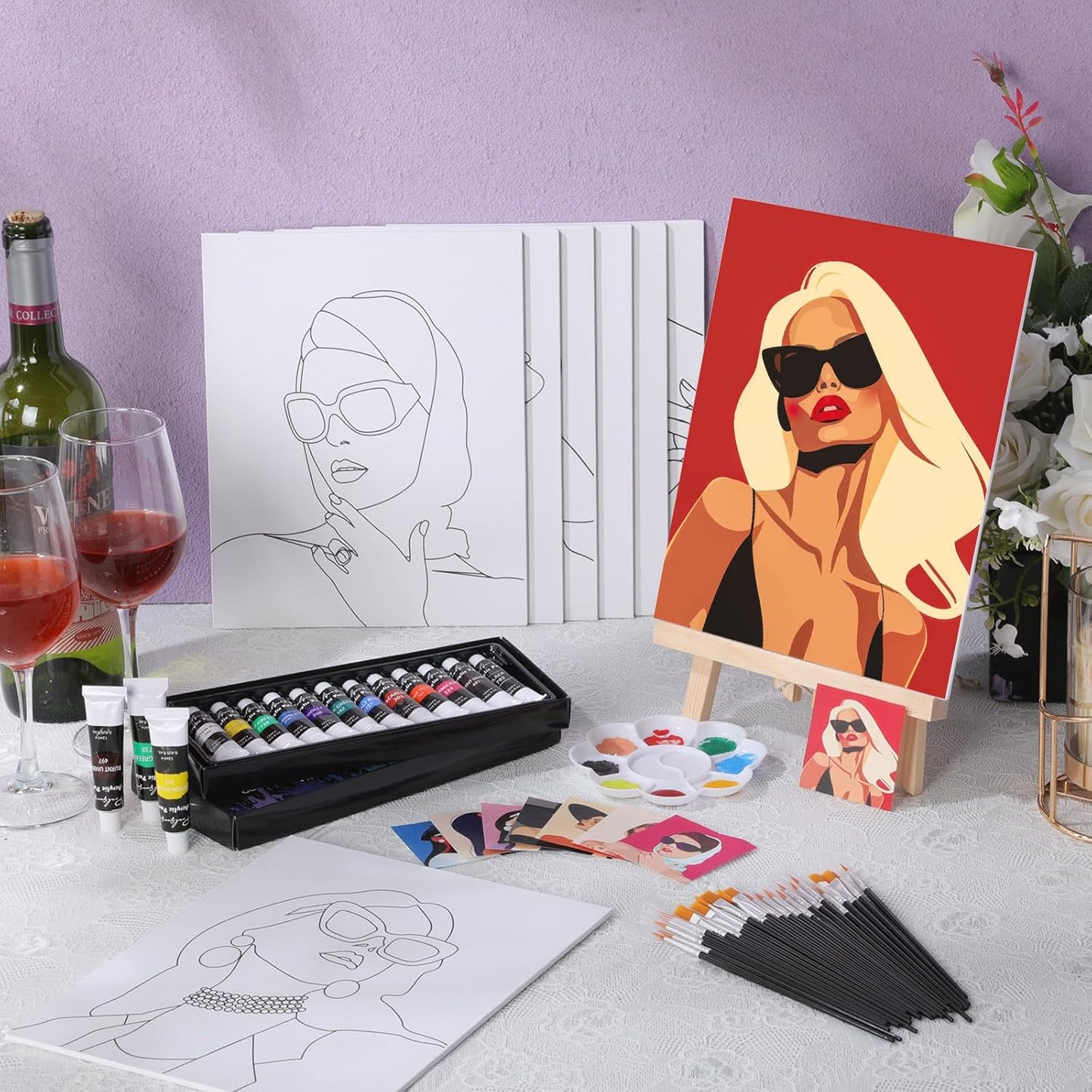 Cholemy 36 Pcs Paint and Sip Kit for Adults 8''x10'' Pre Drawn Canvas for Painting DIY Afro Acrylic Painting Kit Wood Easel Brushes Date Night Bulk for Christmas Party Gifts(Modern Woman)
