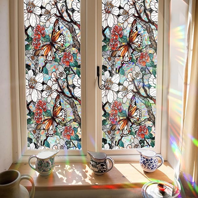 Stained Glass Window Film UV Resistant Window Privacy Film Butterfly Floral Privacy Rainbow Decals Living Room Bedroom Sun Blocking Decor Removable Static Cling Stickers 17 x 39.37 Inch