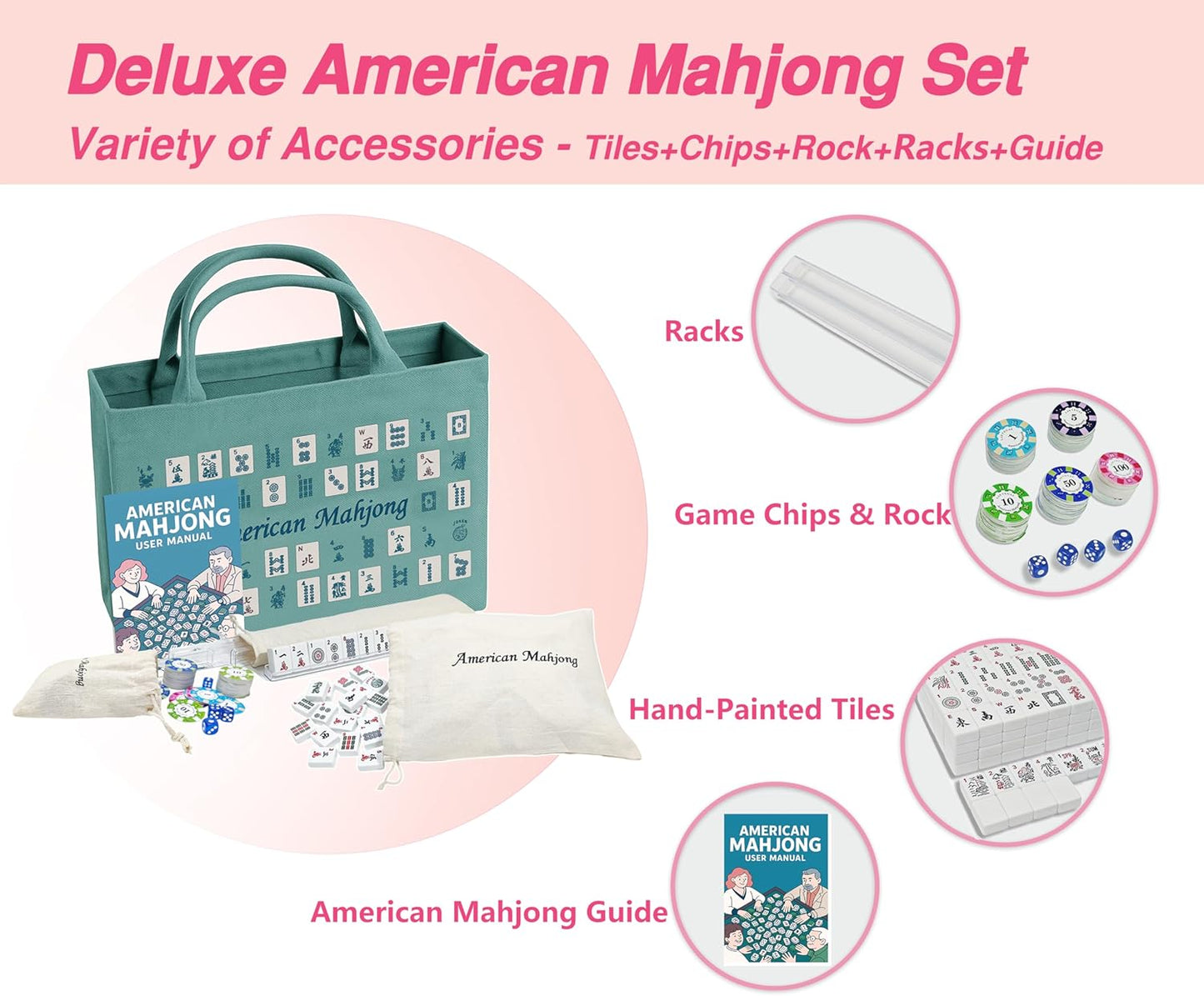American Mahjong Tile Set – Complete 166 Tiles with Deluxe Accessories, 4 Racks, 100 Colorful Chips, Instruction Book & 1+3 Mahjong-Themed Storage Bags, Portable Mahjong Set for Family Fun & Holidays