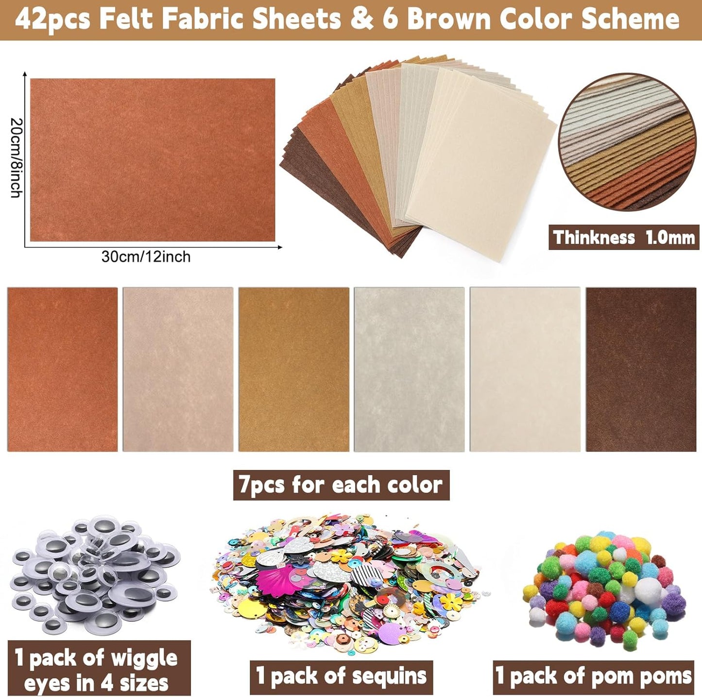 gisgfim 42Pcs Brown Felt Fabric Sheets Craft Kit 8 x 12 Inch Assorted Soft Thick Tan Felt Pack with Wiggle Google Eyes Pom Poms Glitter Patchwork Craft Supply for DlY Sewing Creative Art Project Decor
