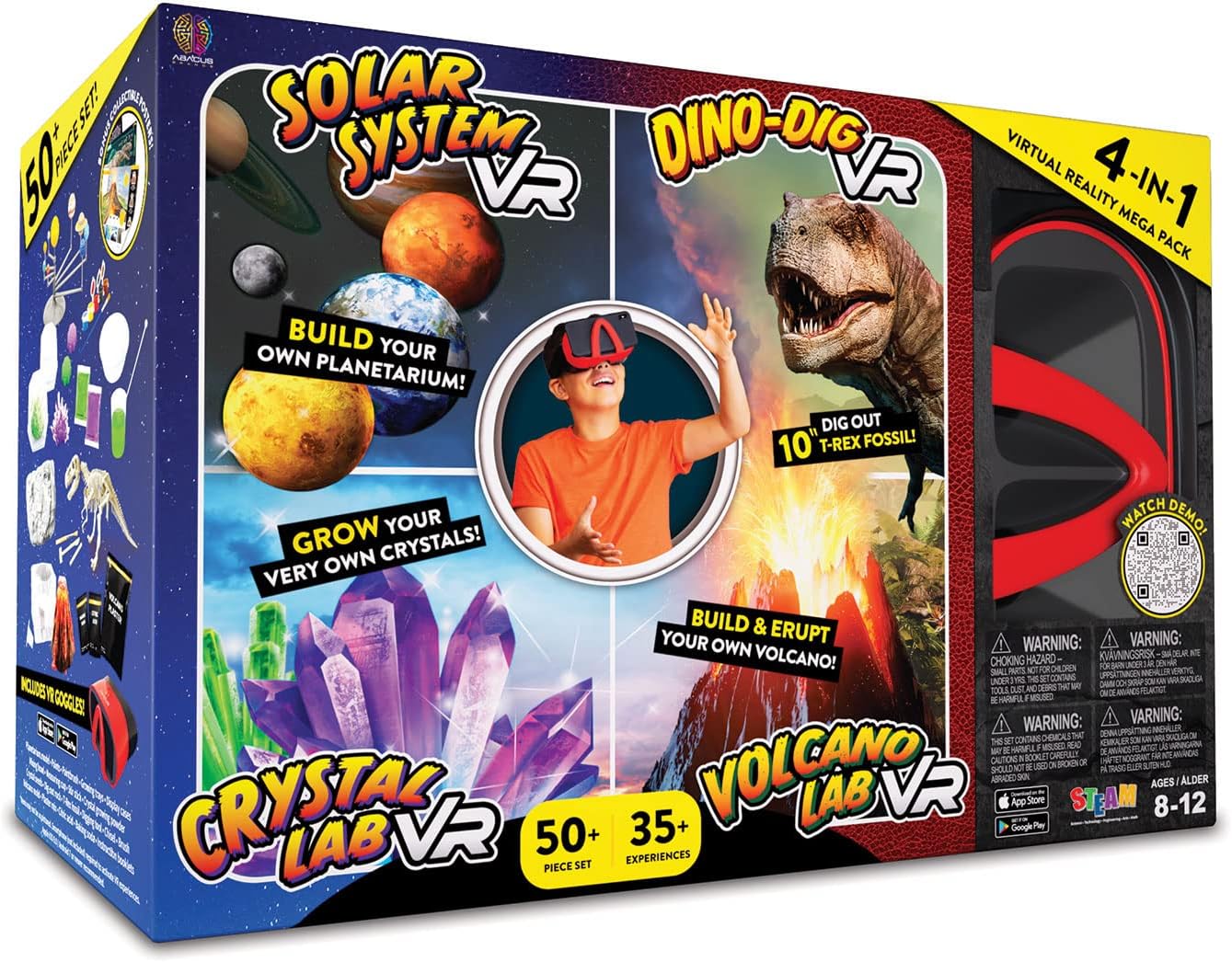 Abacus Brands Virtual Reality 4 in 1 Deluxe VR Lab - Illustrated Interactive VR Book and STEM Learning Activity Set (Solar System, Dino-Dig, Crystal and Volcano) - for Ages 8 and Up