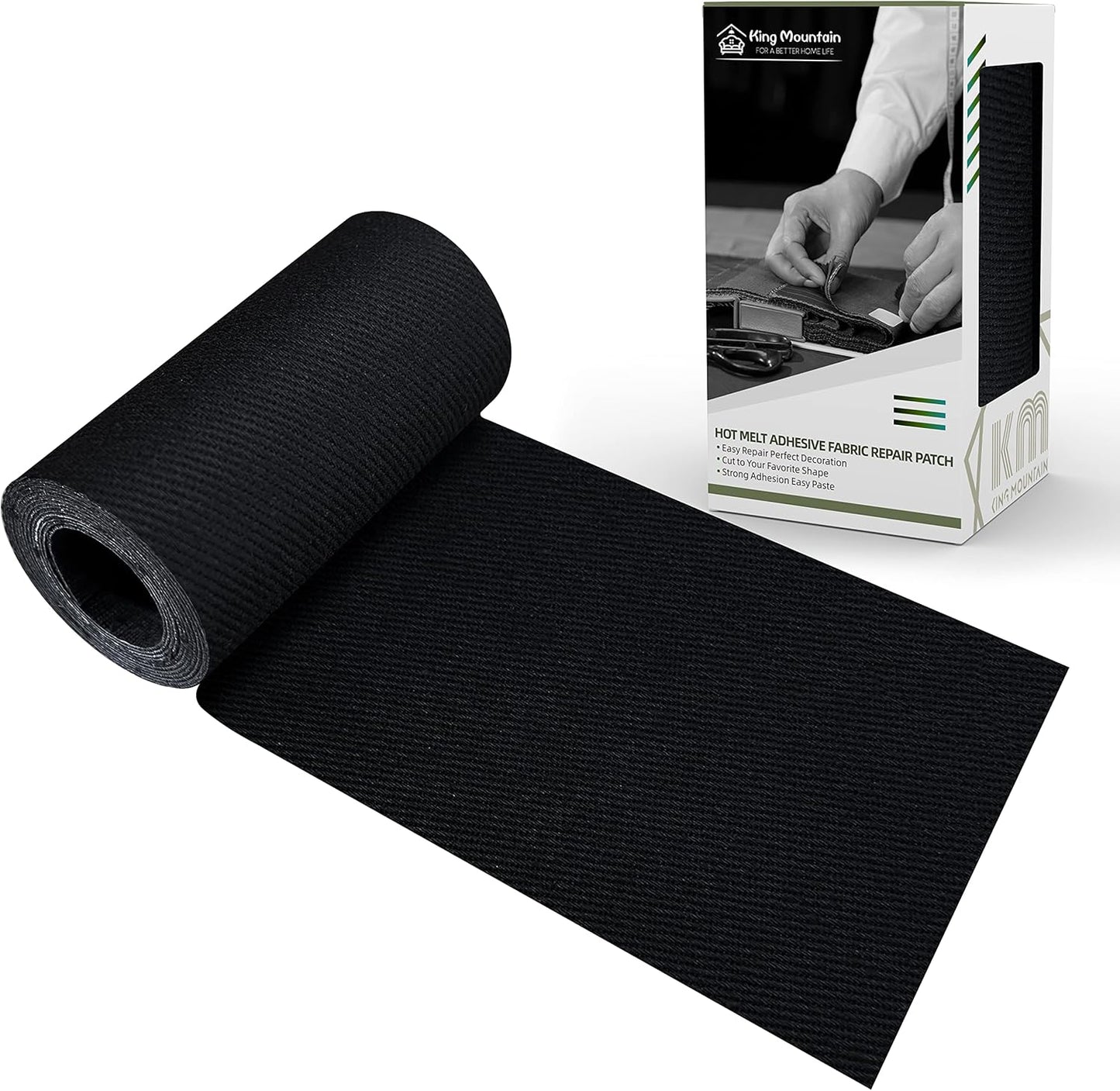 KING MOUNTAIN 100% Cotton Fabric Iron-on Repair Patch, Inside&Outside Clothes Repair Patch, 3"x60" with Backing Glue Repair Decorative Patch kit (Black)