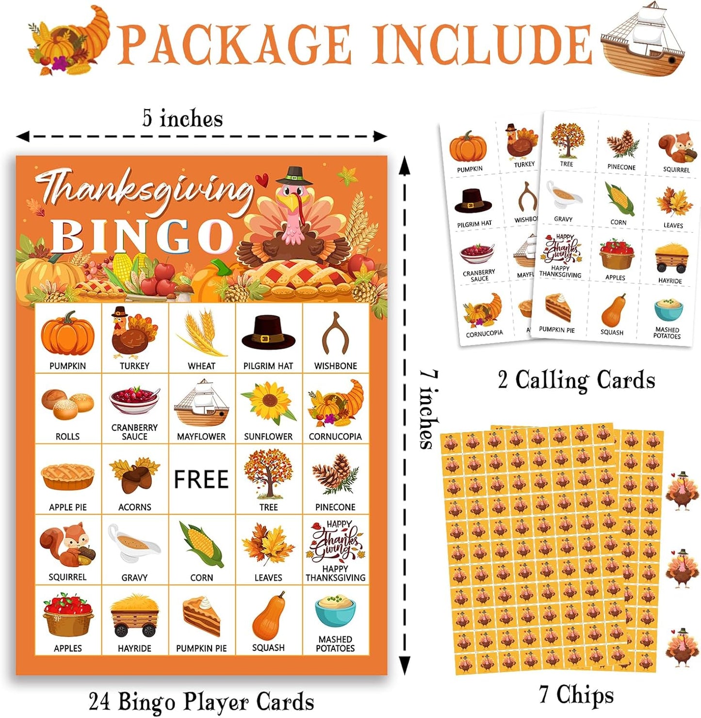Thanksgiving Bingo Game Cards, Autumn Party Games, 24 Players Thanksgiving Bingo Games for Teens Adults, Thanksgivings Game Supplies for Family Classroom