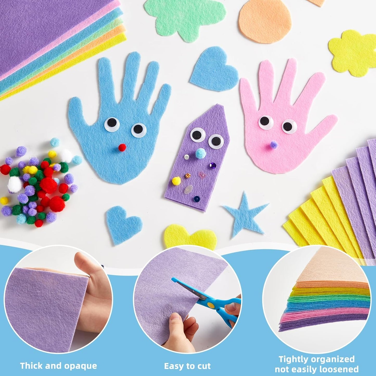 42Pcs Pastel Felt Fabric Sheets 8 x 12 Inch Pink Purple Blue Assorted Soft Thick Felt Pack with Wiggle Google Eyes Pom Poms Glitter Patchwork Craft Supply for DlY Sewing Creative Art Project Decor