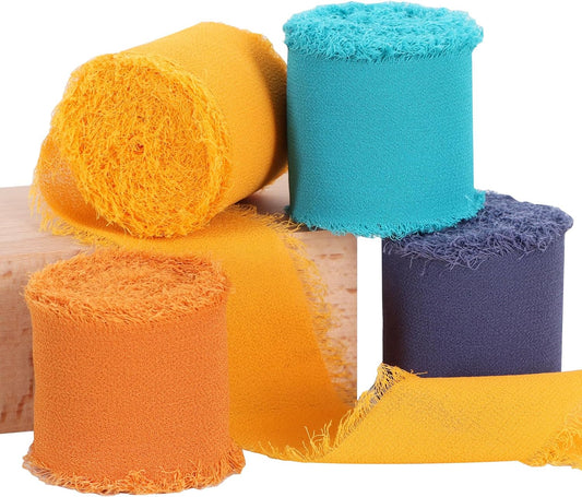 TONIFUL 4 Rolls Blue & Orange Chiffon Ribbon 1 1/2 inch× 5.5 Yards Ribbon Fabric Silk Ribbon for Gift Wrapping Wedding Party Decoration Flower Bouquet Wrapping Bows Making DIY Crafts