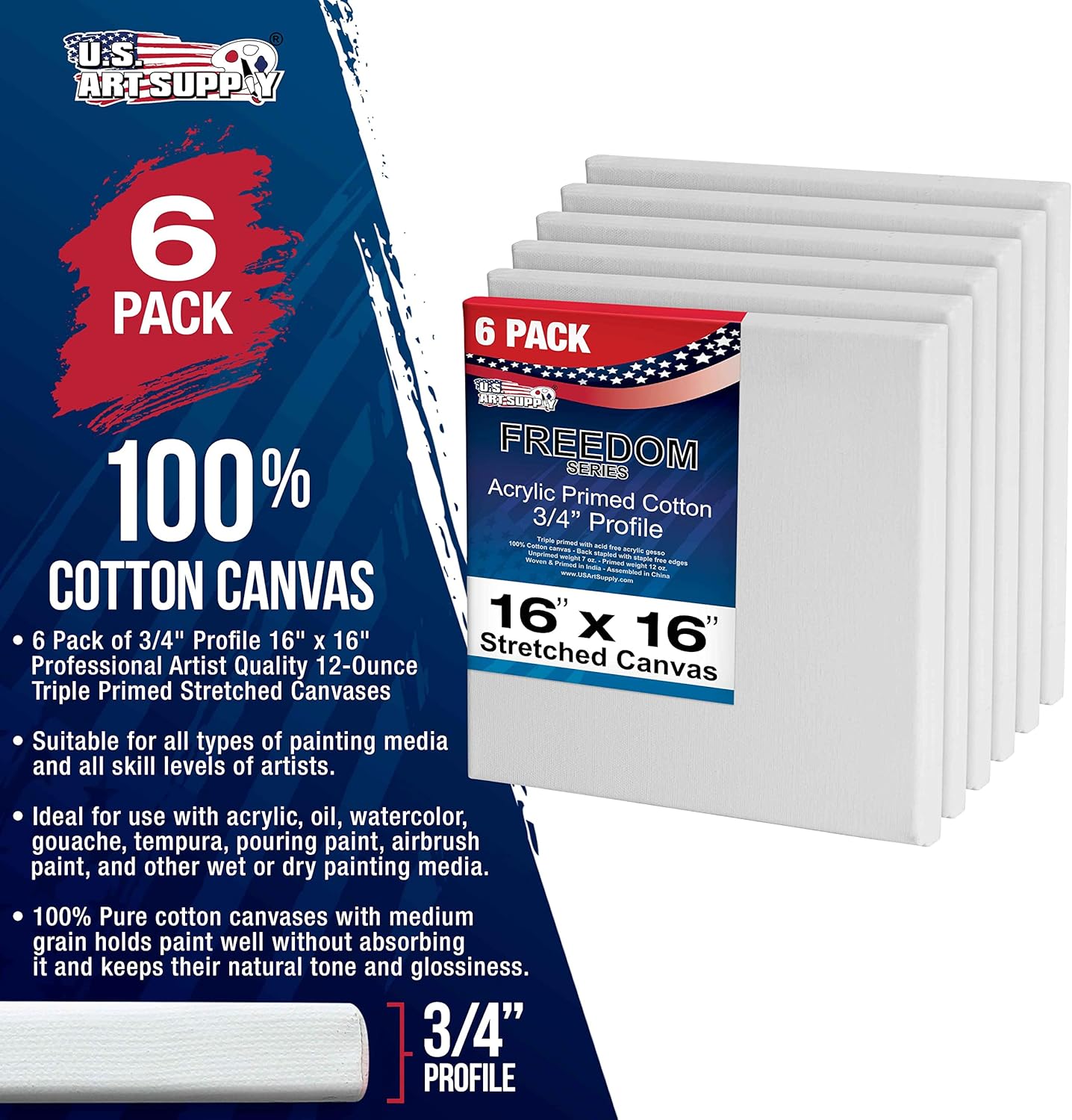 U.S. Art Supply 16 x 16 inch Stretched Canvas for Painting, 12oz Triple Primed, 6-Pack - Professional Artist Quality White Blank 3/4" Profile, 100% Cotton, Heavy-Weight Gesso - Acrylic Pouring, Oil