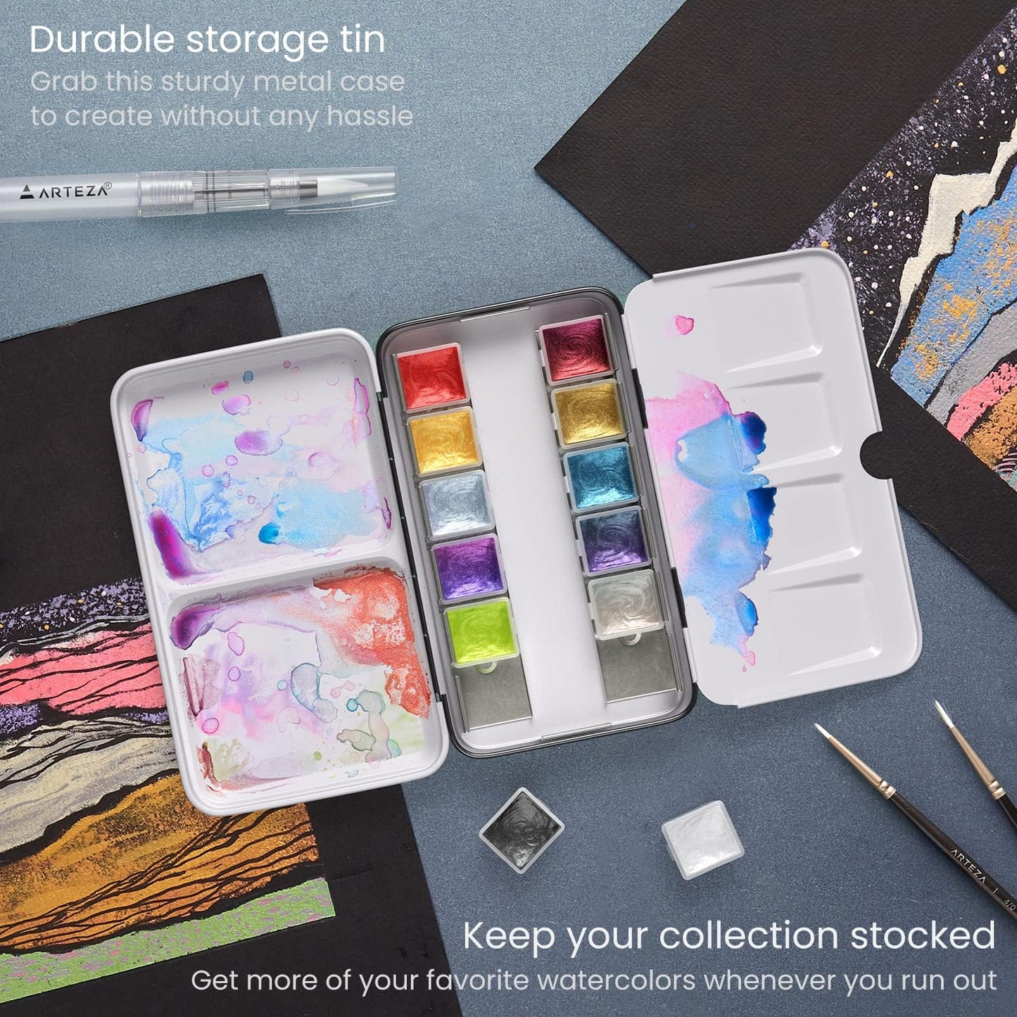 ARTEZA Watercolor Paint Set, 12 Metallic Watercolor Paints, Glitter Watercolor Paint in Half Pans, Travel Watercolor Set