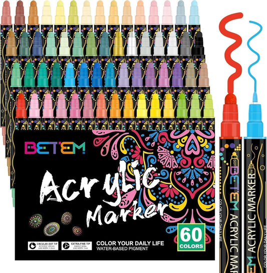Betem 60 Colors Dual Tip Acrylic Paint Pens Markers, Premium Acrylic Paint Pens for Halloween Decorations, Wood, Canvas, Stone, Rock Painting, Glass, Ceramic Surfaces, Pumpkin Painting Kit DIY Crafts