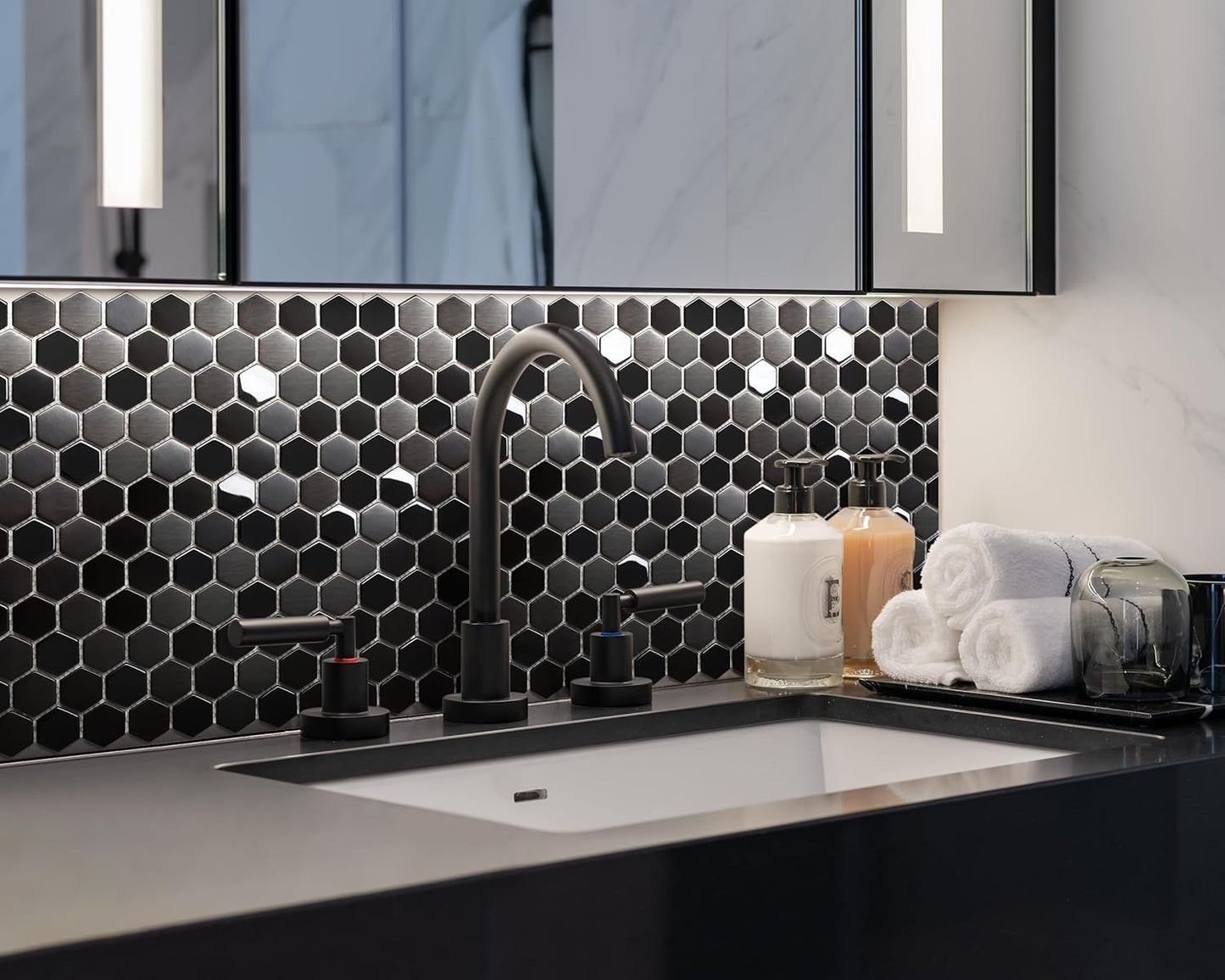 Blujellyfish Hexagon Black Tile Backsplash Metal Mosaic Wall Floor Tiles (Box of 5 Sheets)