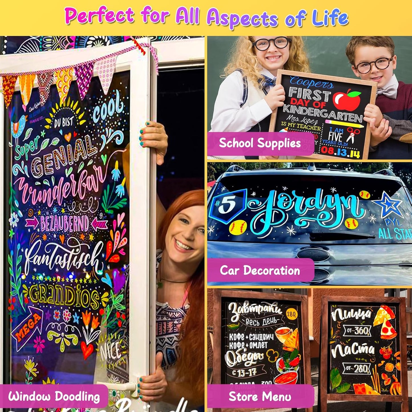 SFAIH Fine Tip Liquid Chalk Markers for Bhalkboard [1-Second Wet Wipe], 0.7-1mm 30 Colors [Neon+Pastel+Metallic], Chalk Pens for Chalkboard, Calendar, Windows, Glass, Includes Highlighter Color Marker