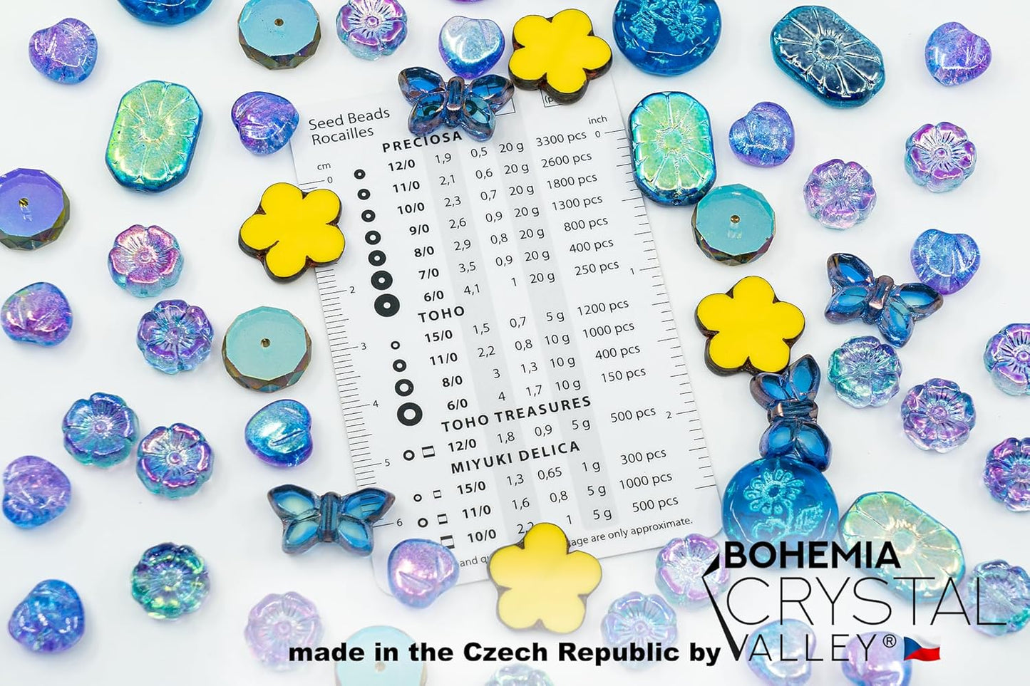 2.1oz (60g) of Focal Glass Bead Mix with Table-Cut Flower and Butterfly Beads, PG Blue