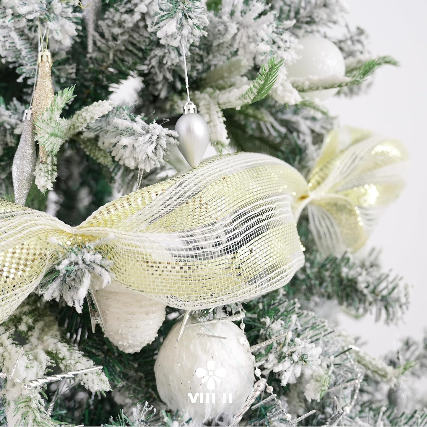 MEEDEE Cream Cotton & Deluxe Metallic Champagne Striped Deco Mesh - 30 Feet for Christmas Tree, Wreaths, Garland, Gift Wrapping, Bows Making