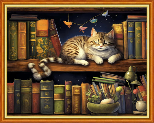 DMCVIVR Stamped Cross Stitch Kits for Adults Beginners Embroidery Kits 11CT Needlepoint Kits Cross Stitch Patterns Embroidery Patterns& Bookshelf Cat 16x20 inch