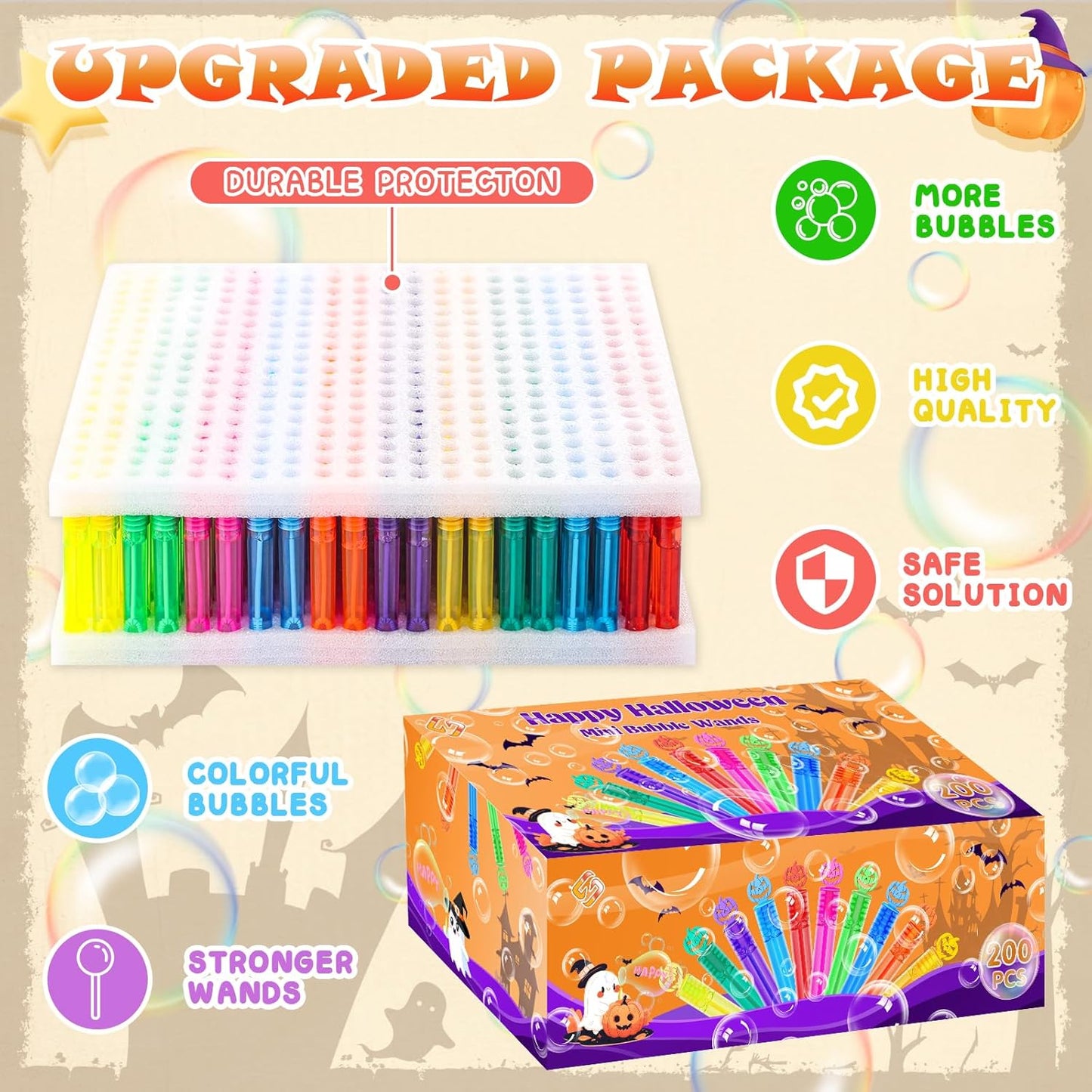 200 Piece Halloween Party Favor Bubbles, Halloween Bubble Wands Bulk for Kids Party Favor Supplies, Trick or Treat Goodie Bags, School Classroom Game Rewards, Halloween Miniatures