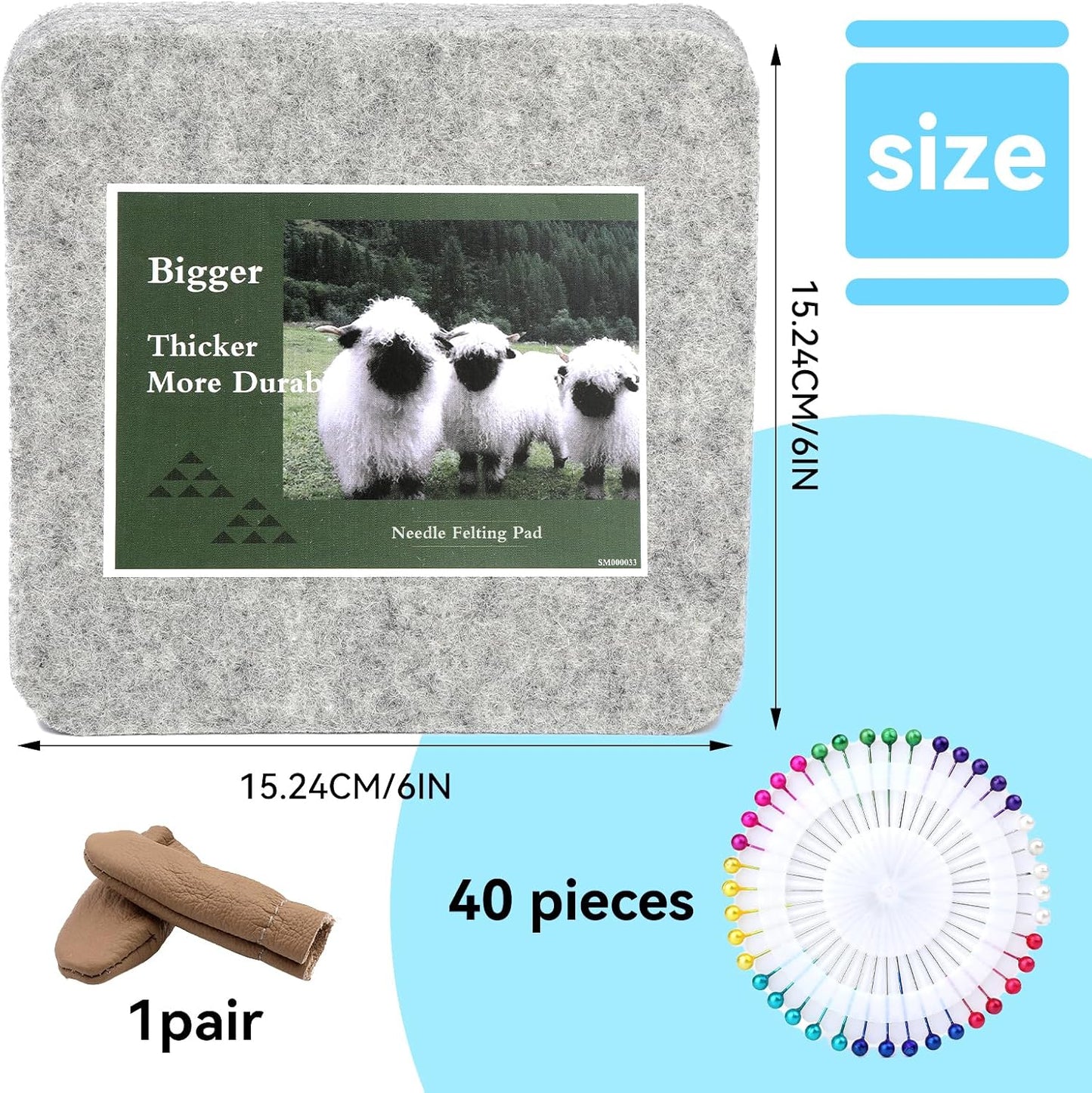 WONVOC Needle Felting Pad, 6x6x1'' Natural Wool Felting Mat, Needle Felting Supplies, with Finger Cots and 40 Straight Pins, for Wool Project Crafts