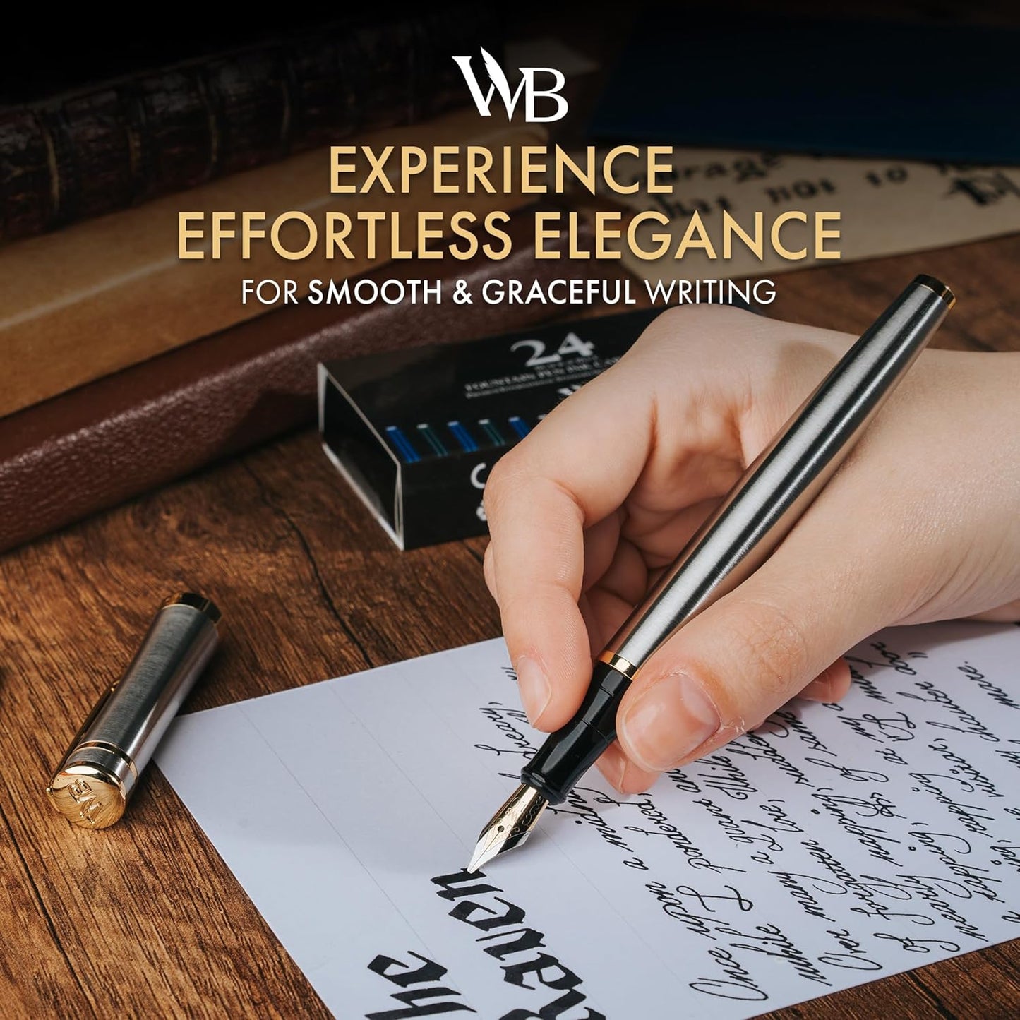 Wordsworth & Black Fountain Pen Set, 18K Gilded Broad Nib, Includes 6 Pack Ink Cartridges, Ink Refill Converter & Gift Box, Gold Finish, Calligraphy, [Silver Gold], Perfect for Men & Women