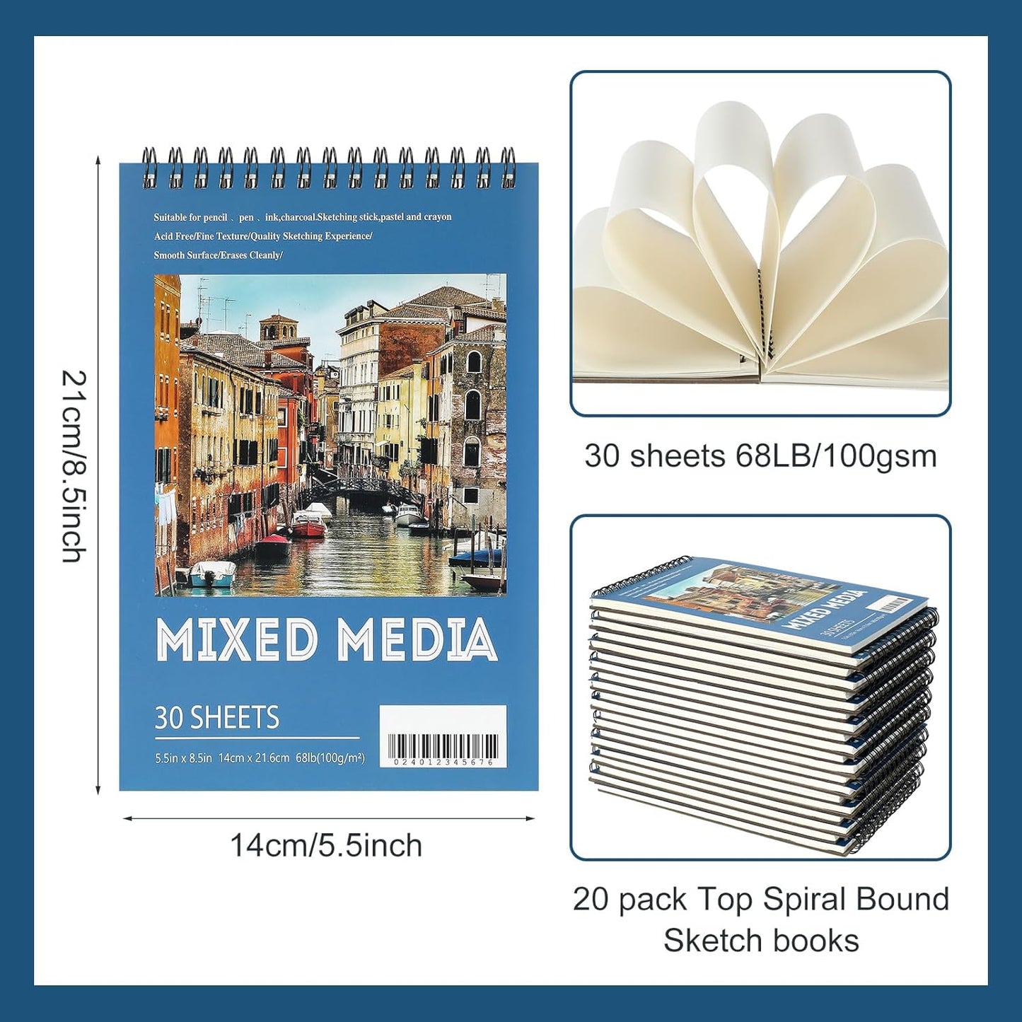 Jexine 5.5'' x 8.5'' Top Spiral Bound Sketch Pad 30 Sheet Each(68lb/100gsm), Sketching Drawing Pad Artist Sketch Pad Kids Drawing Paper Art Sketchbook for Charcoal Graphite Painting (40)
