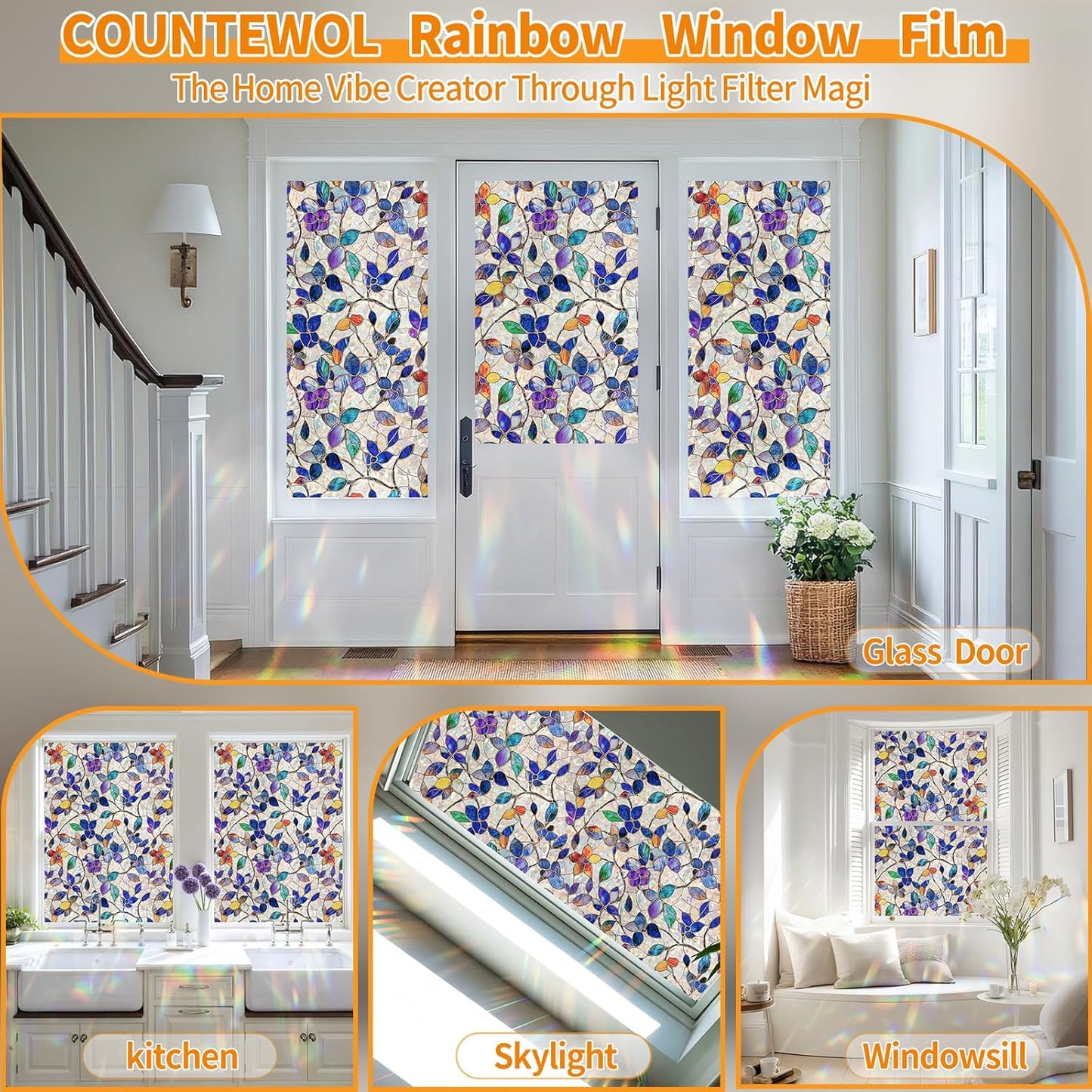 Window Privacy Film Stain Glass Window Film Rainbow Window Film Window clings Non-Adhesive Reusable Decorative for Room (Stained Leaf, 35.4 x 78.7 in)