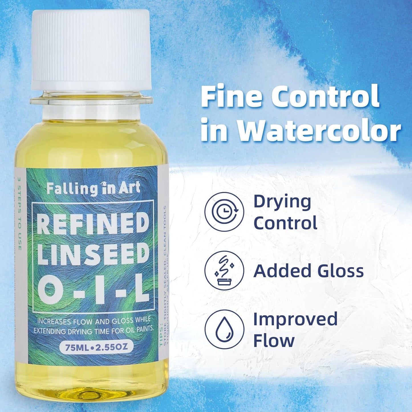 Falling in Art Refined Linseed Oil for Painting, Oil-Based Paint Thinner for Artists and Professionals, 2.5 Oz Bottle