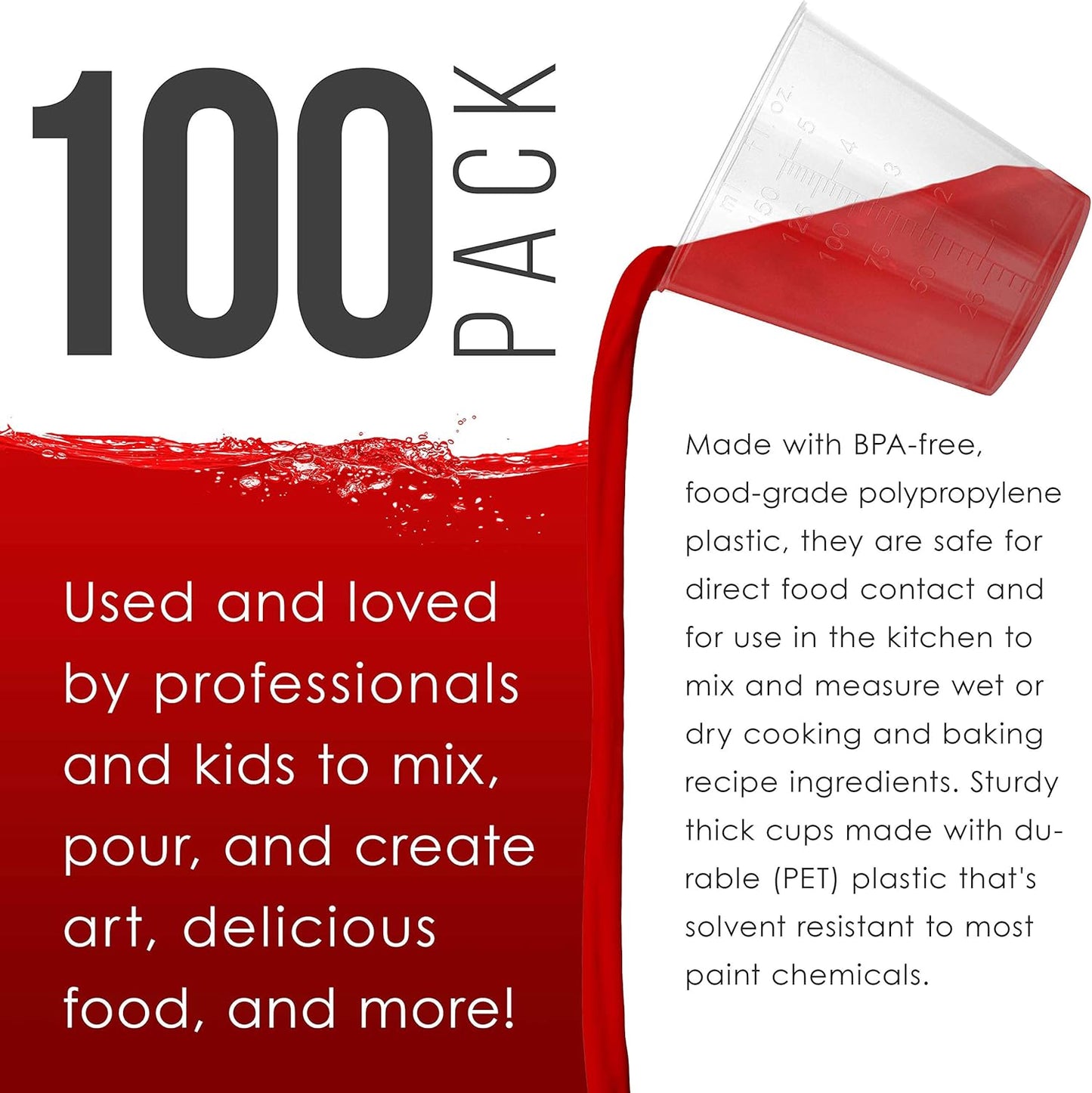 Pouring Masters 5 Oz (150 ml) Liquid Measuring Cups - Plastic Graduated Cup (100 Pack) with 25 Sticks - Reusable Mixing Cups for Paint, Craft, Kitchen, Lab, Medical Supplies, Epoxy Resin, Art